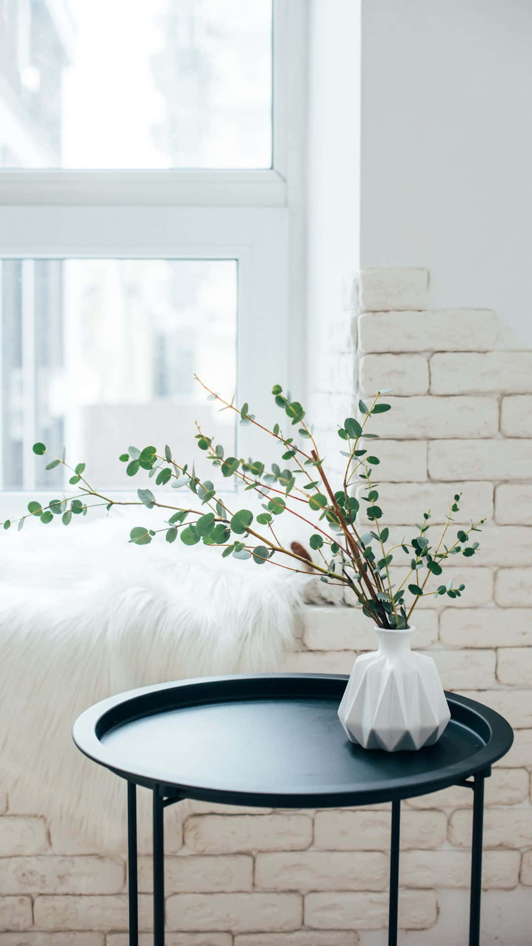 minimalist interior design, black side table, white geometric vase, Full HD Phone Wallpaper