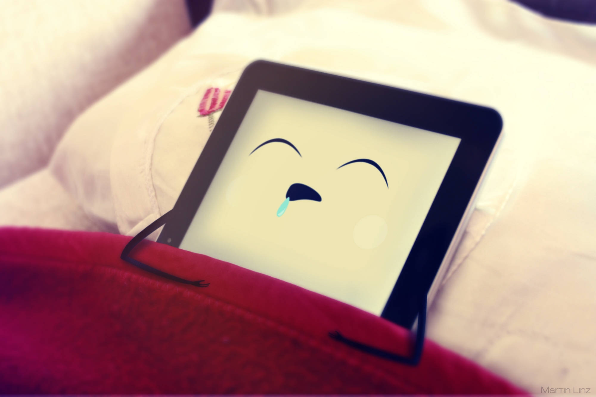 tablet, crying cartoon face, red blanket, Full HD Desktop Wallpaper