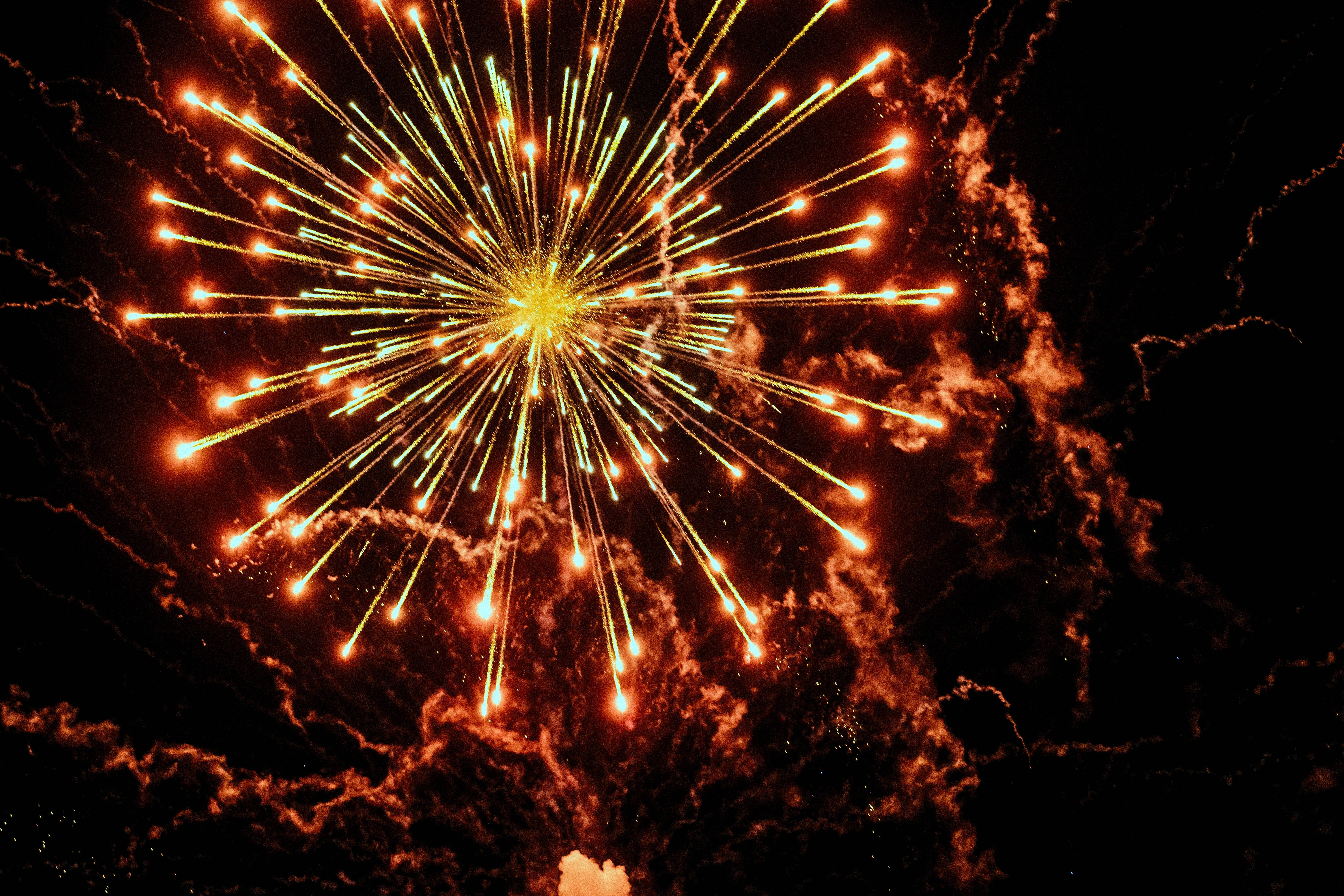 4K Tablet, golden firework, dark sky, 5K Desktop Wallpaper