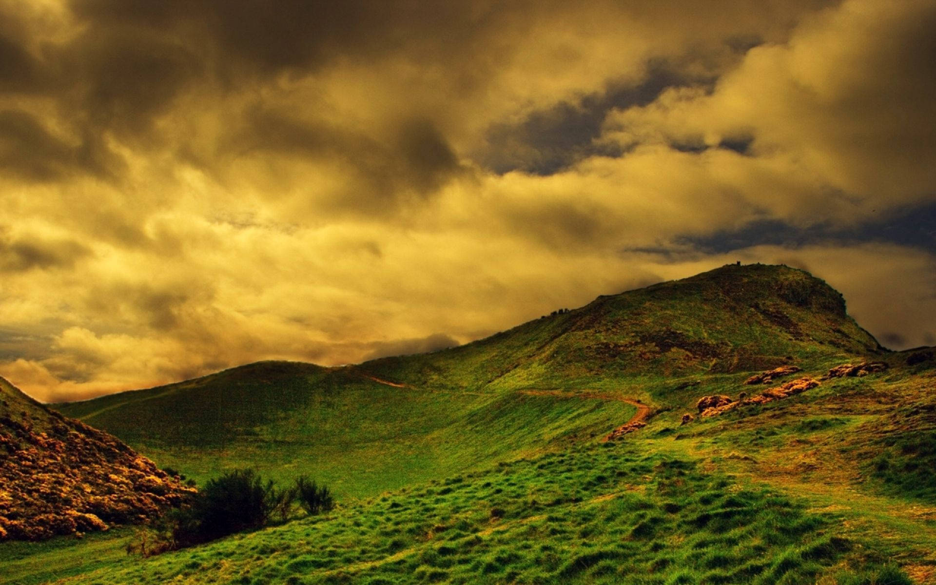 golden clouds, rolling green hills, winding dirt trails, Full HD Desktop Wallpaper
