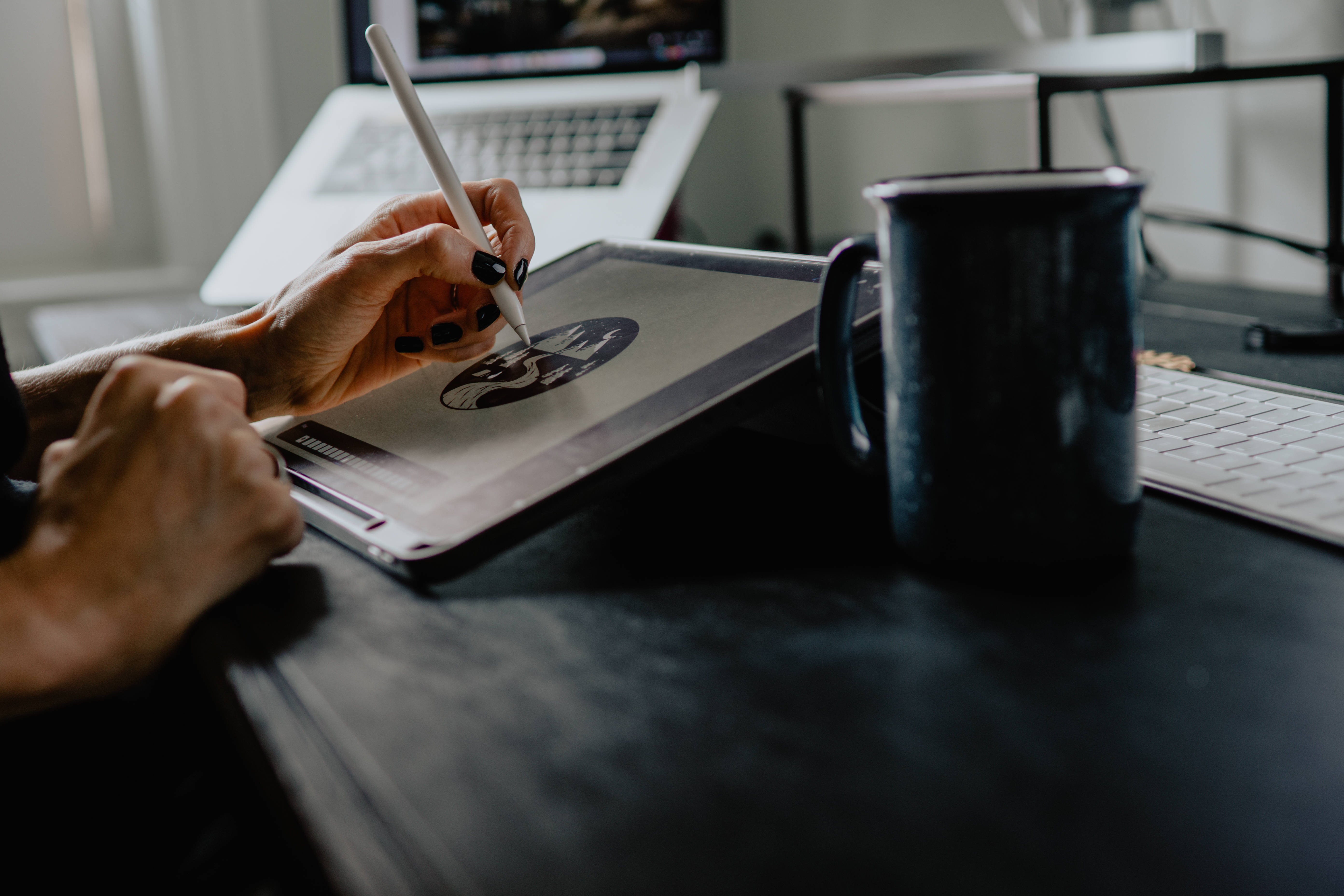 graphics tablet, laptop, sleek desk, 5K Desktop Wallpaper