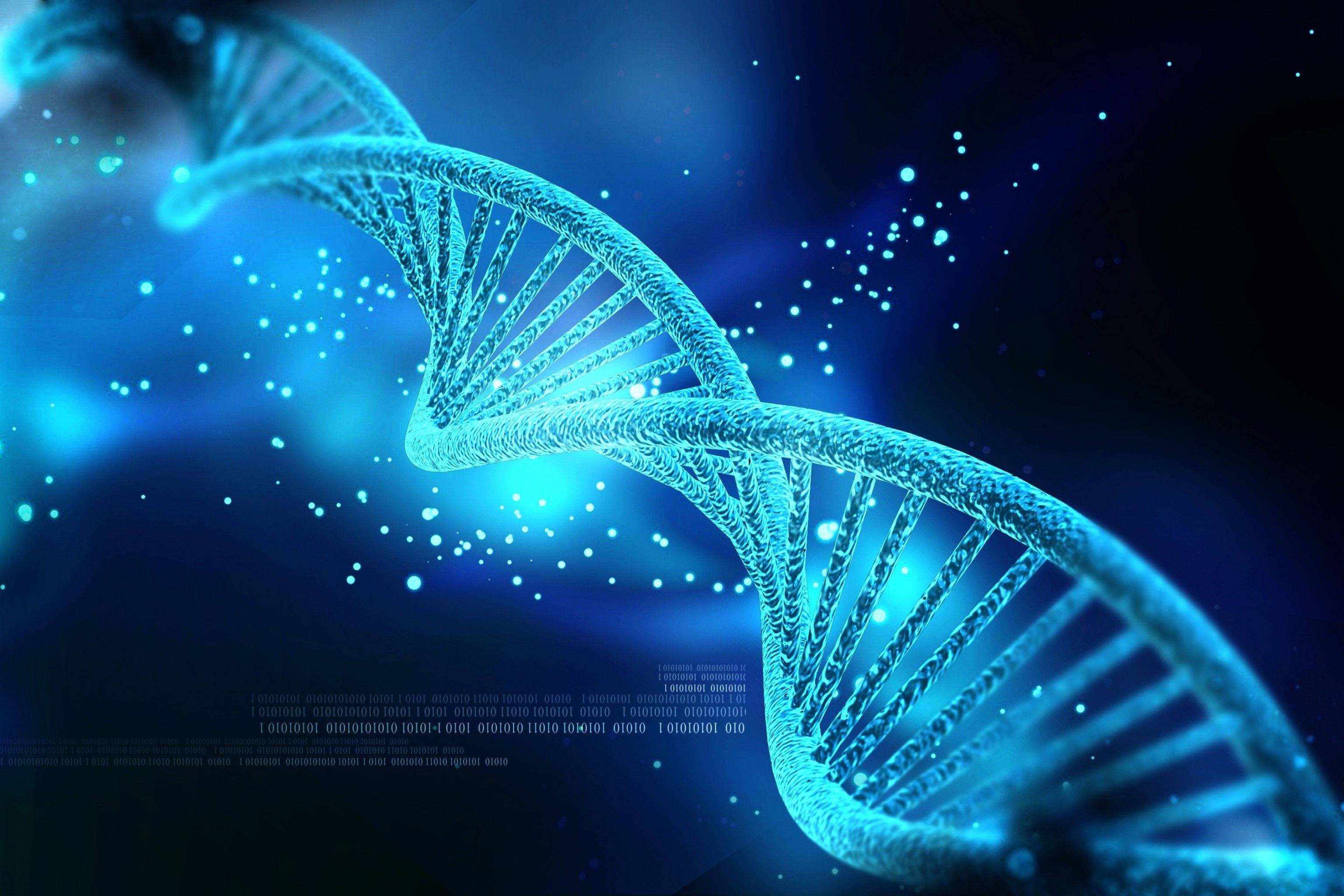 Ultra HD Aesthetic Tablet, glowing blue DNA double helix, dark cosmic space, 2K Desktop Wallpaper