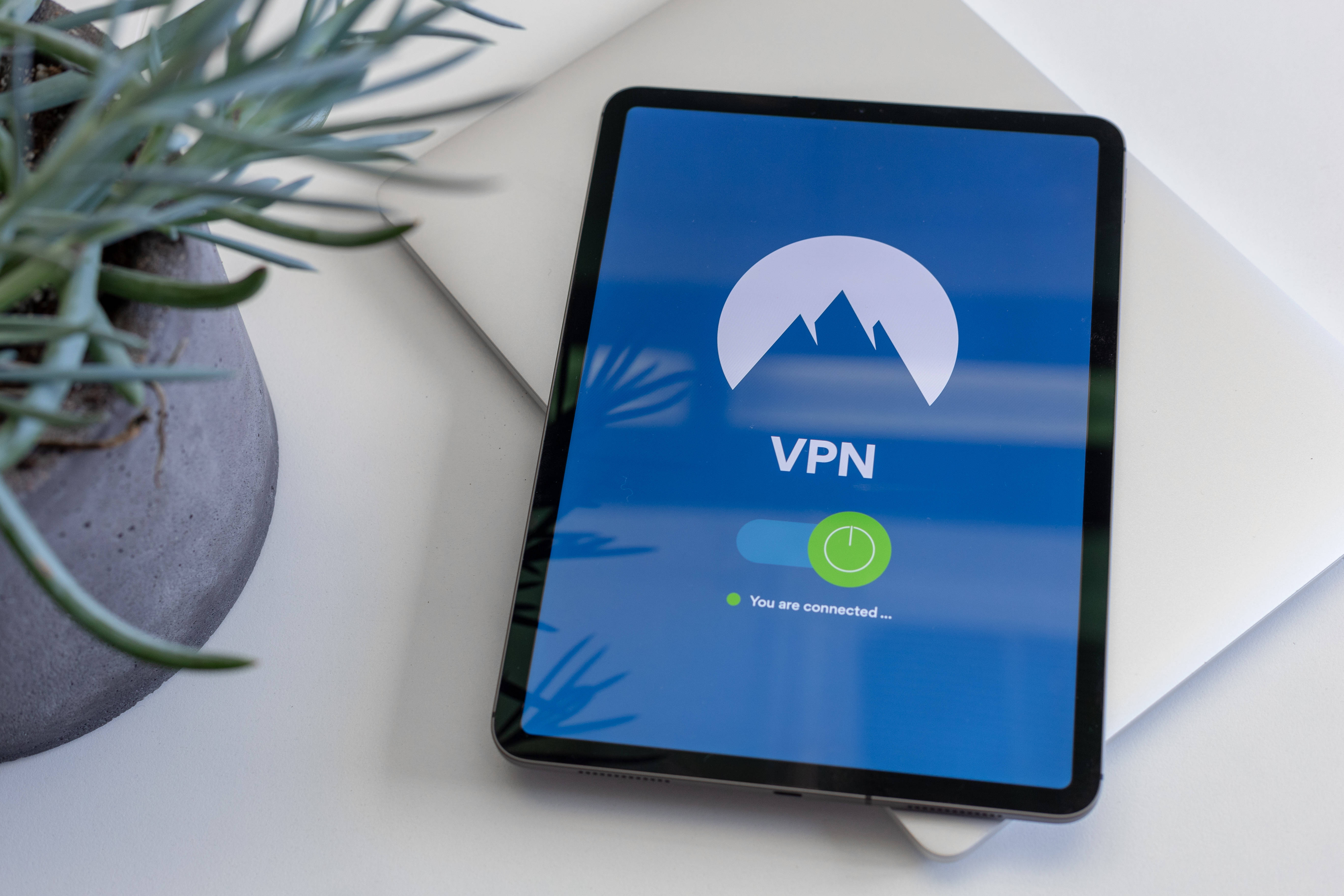 modern tablet, wooden table, VPN connection screen, 5K Desktop Wallpaper