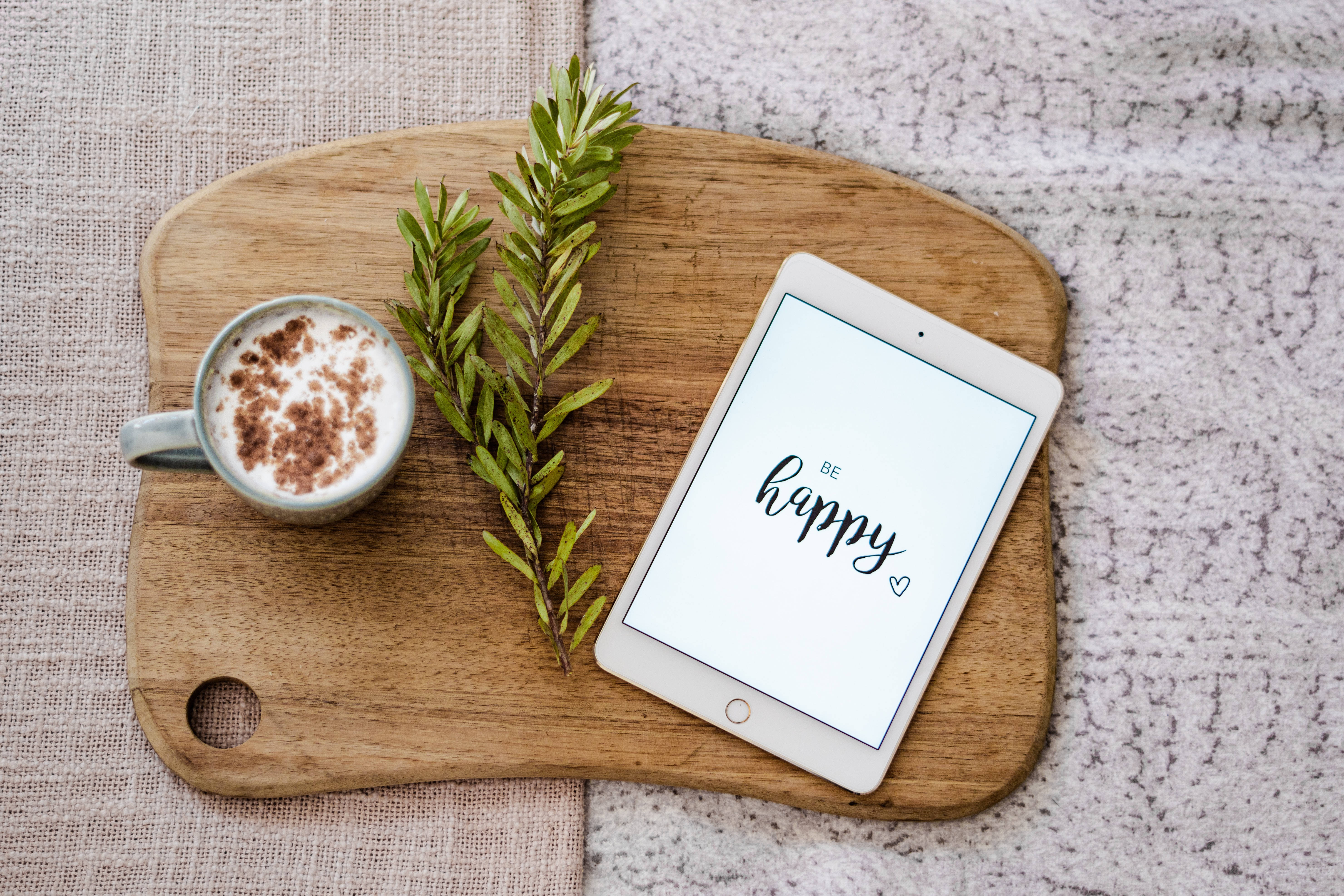 beautiful tablet device, cappuccino, green sprig, 5K Desktop Wallpaper