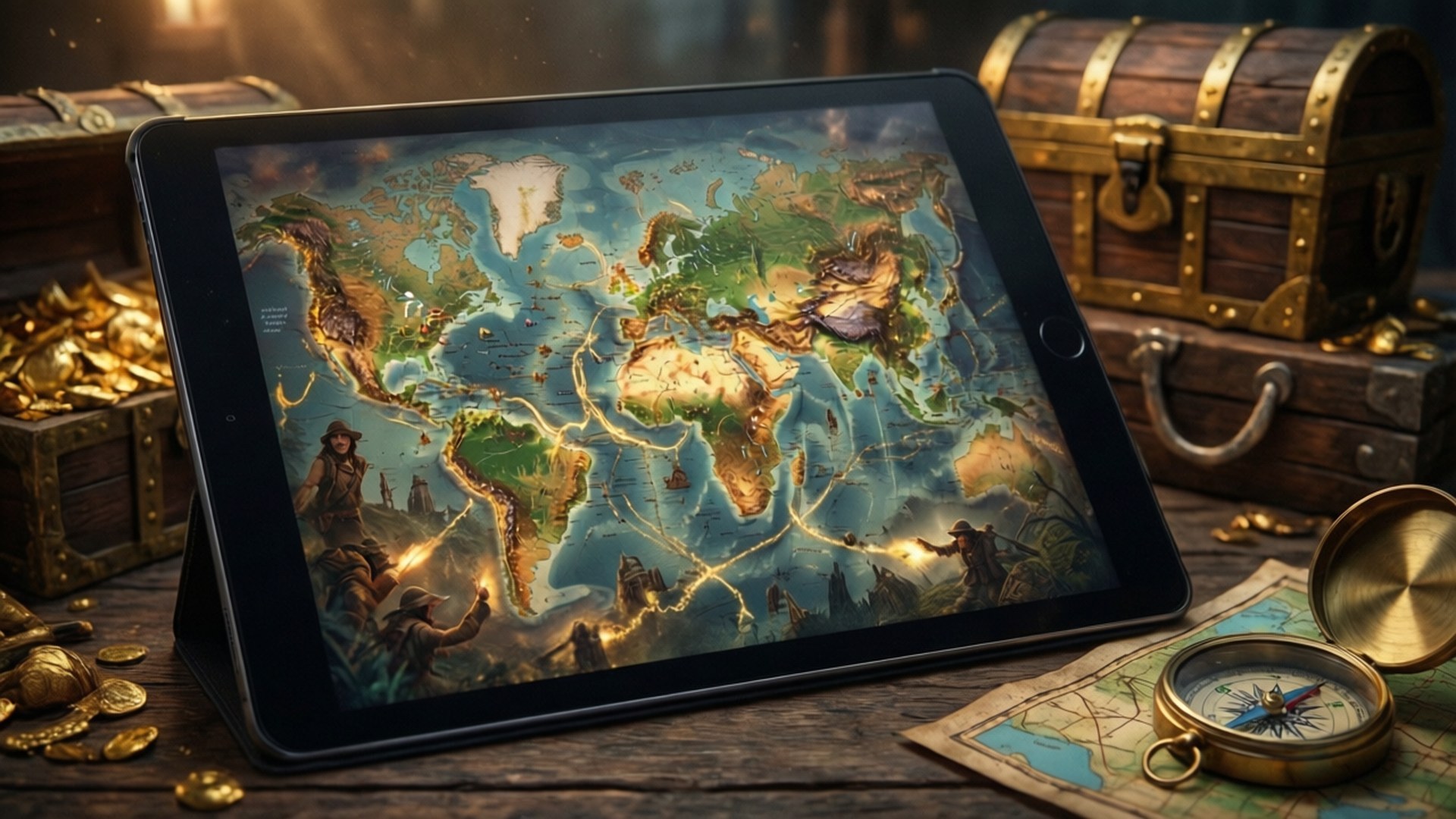 Adventure Map Tablet, fantasy world map, glowing routes, Full HD Desktop Wallpaper