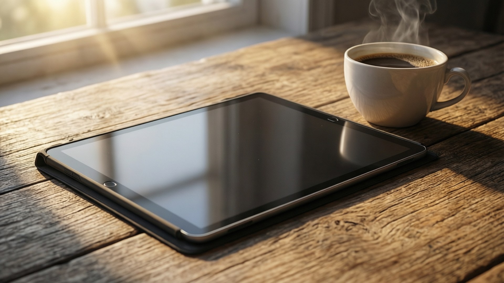 tablet, steaming cup of coffee, sunlit rustic wooden table, Full HD Desktop Wallpaper