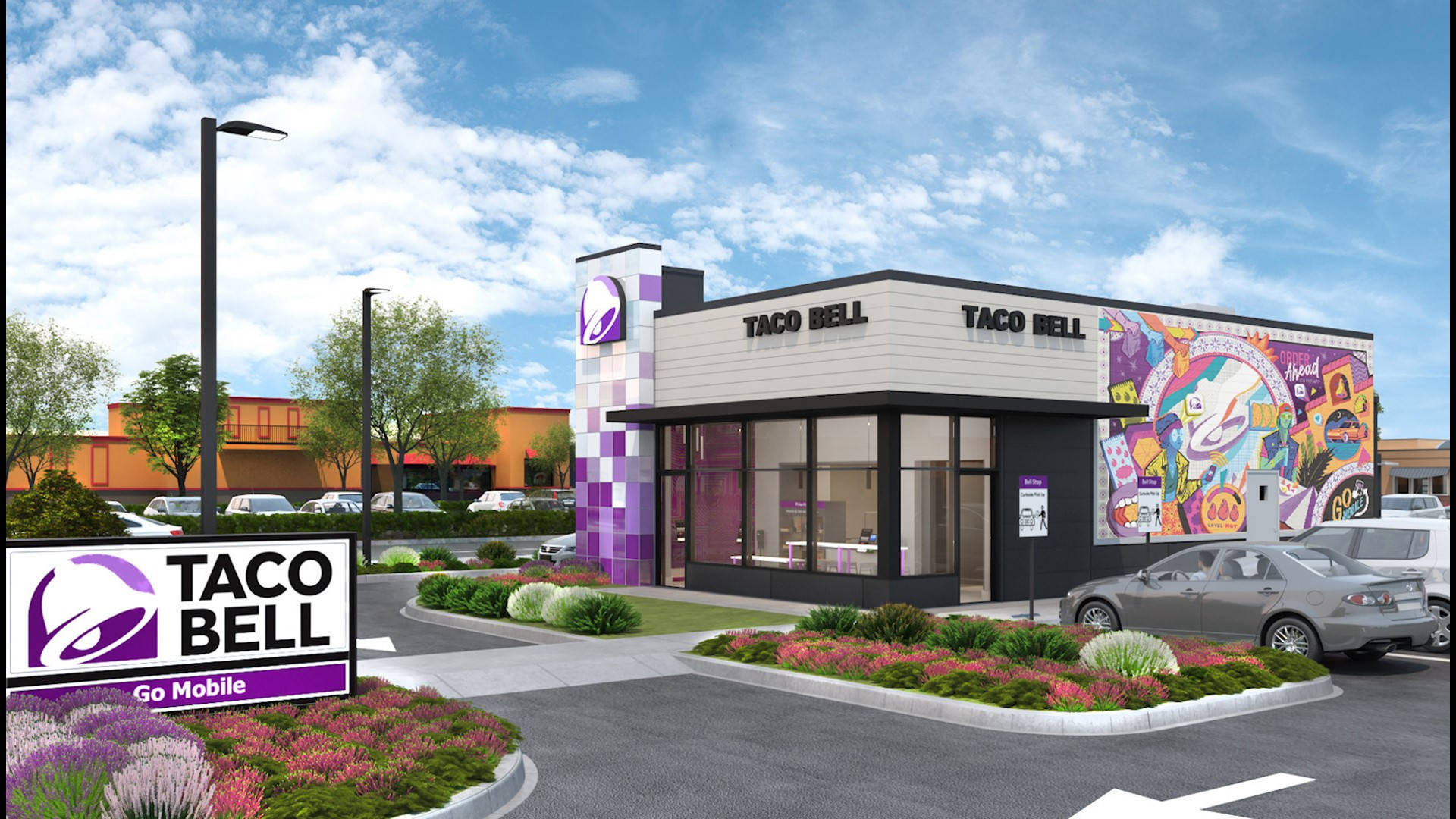 Taco Bell, vibrant purple accents, colorful mural art, Full HD Desktop Wallpaper