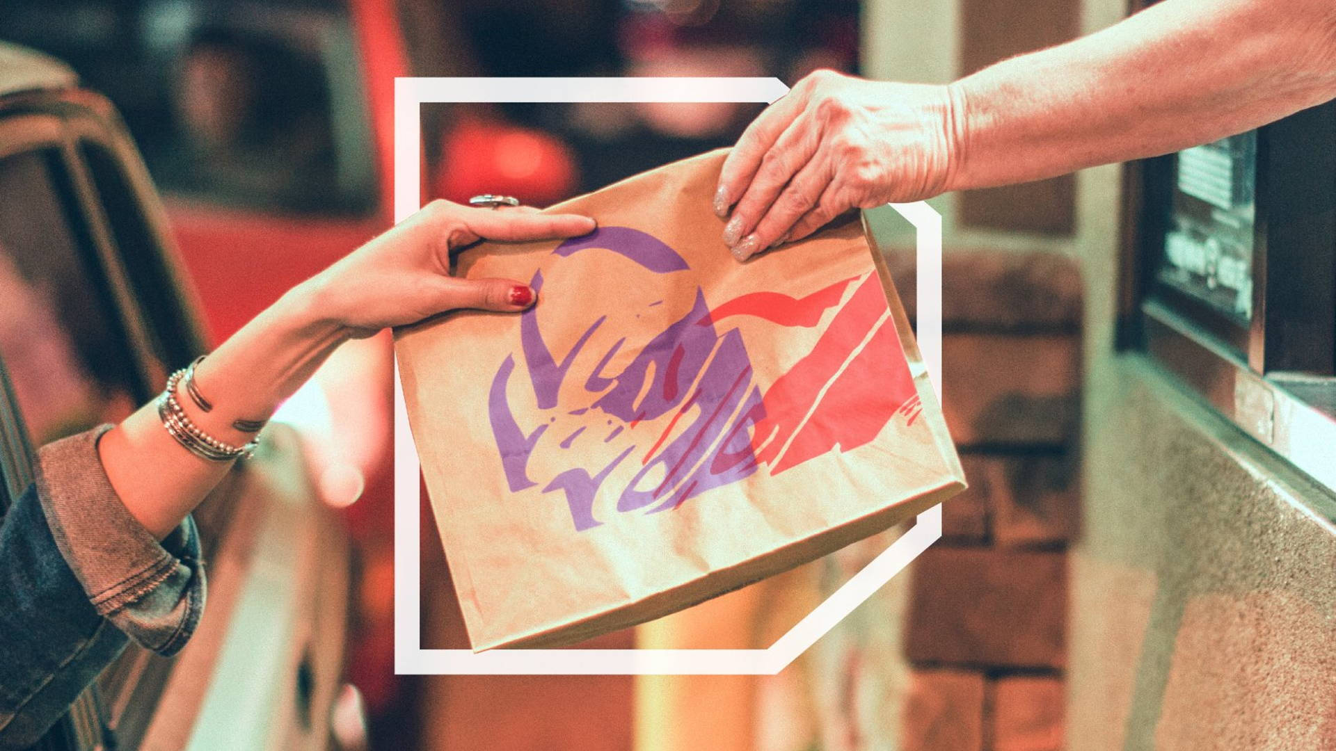 Taco Bell, branded takeout bag, warmly lit urban setting, Full HD Desktop Wallpaper