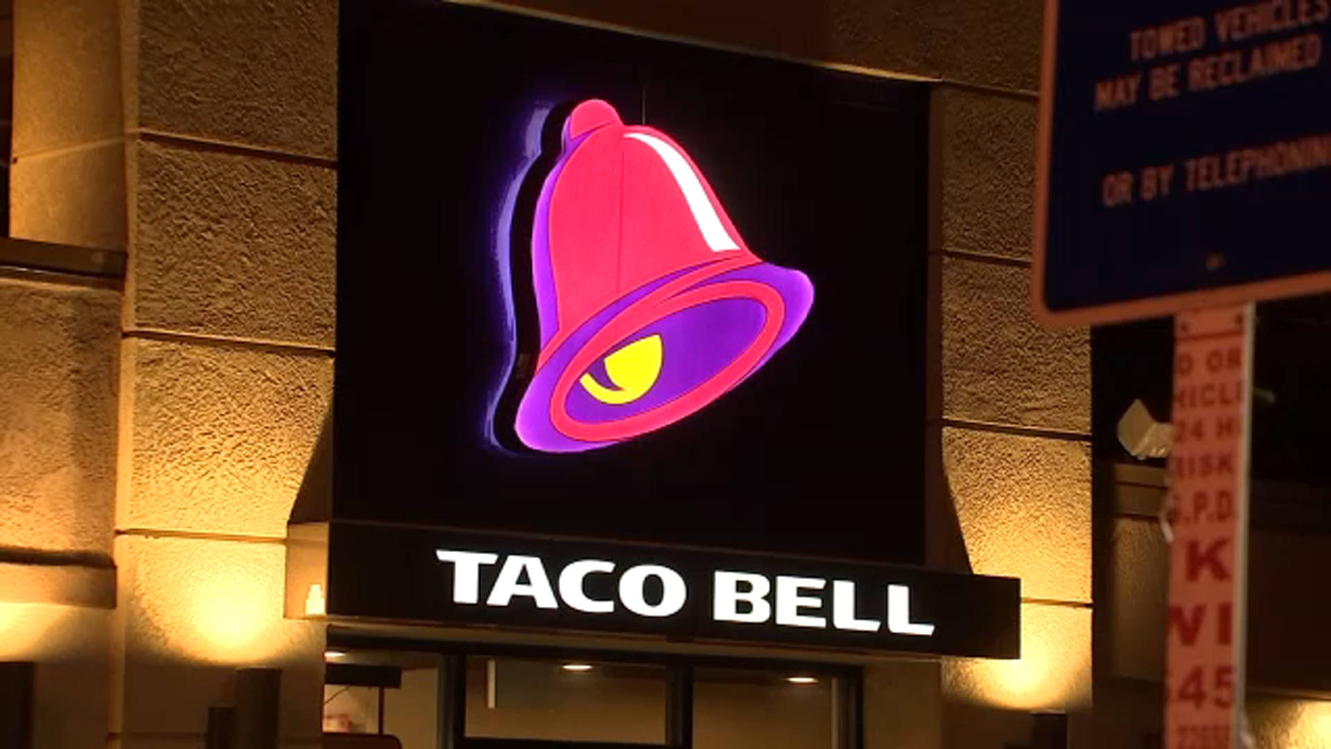 Taco Bell, glowing pink and purple bell logo, dark night sky, Full HD Desktop Wallpaper