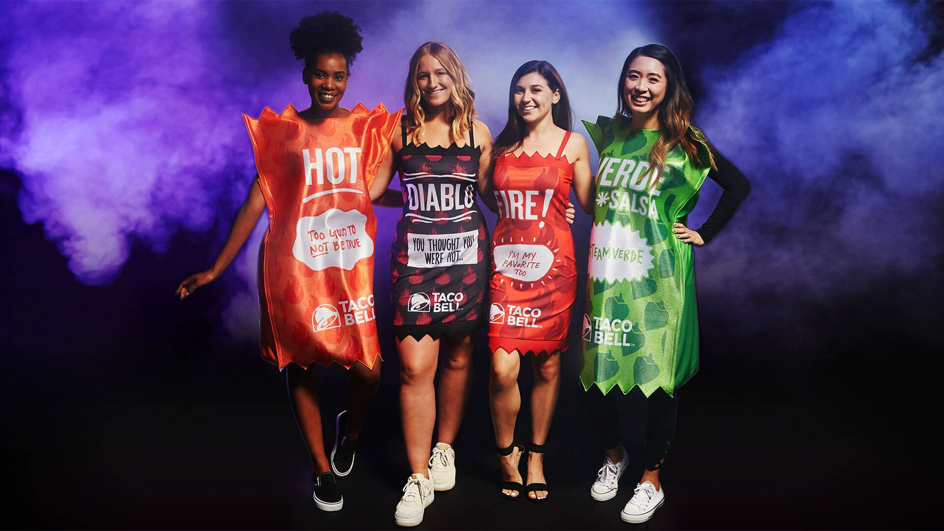Taco Bell, sauce costumes, smoky purple and blue backdrop, Full HD Desktop Wallpaper