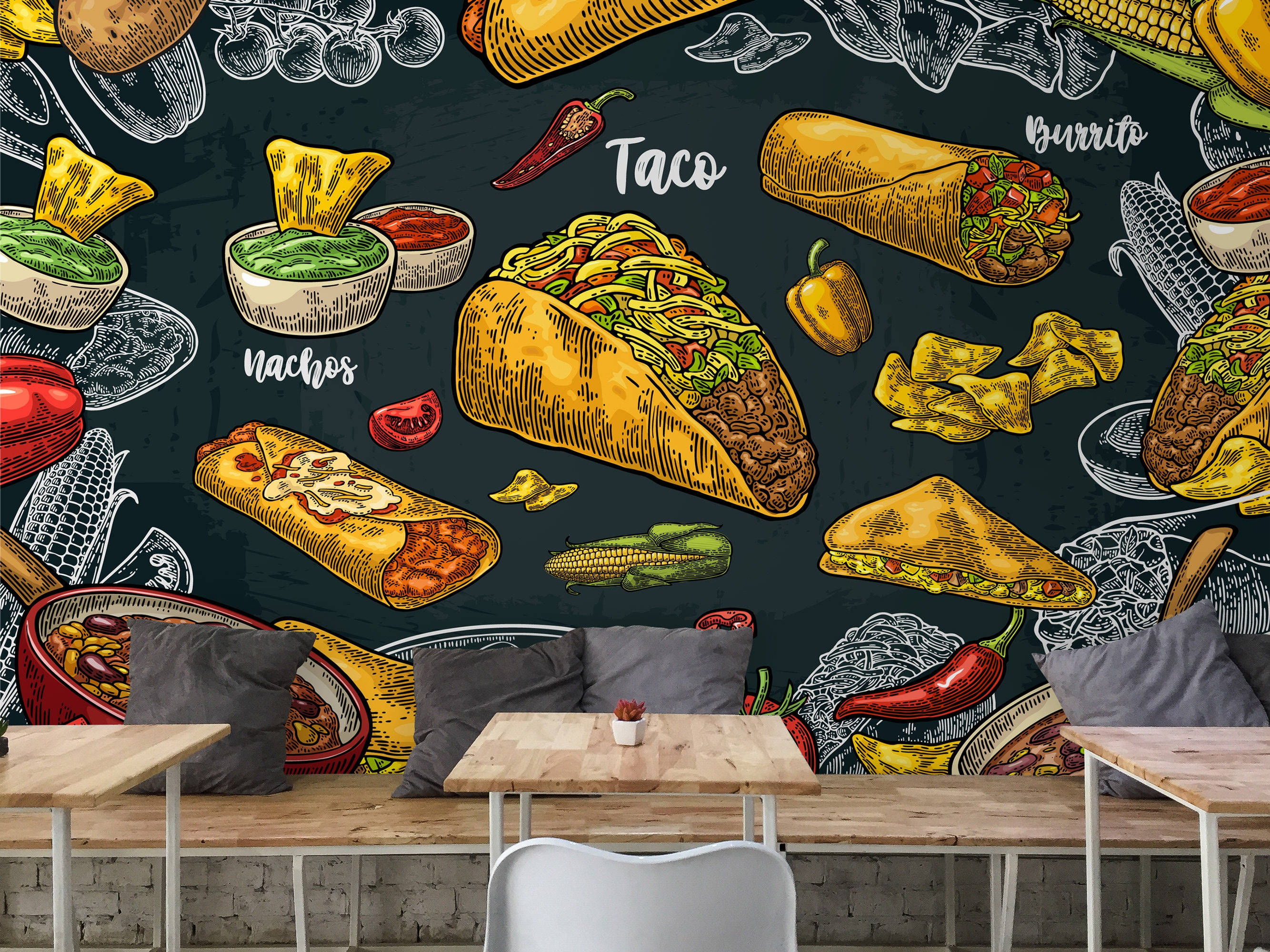 chalk-style mural, Mexican food, tacos, 2K Desktop Wallpaper