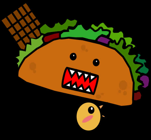 animated taco character, sharp teeth, tiny yellow chick, SD Desktop Wallpaper