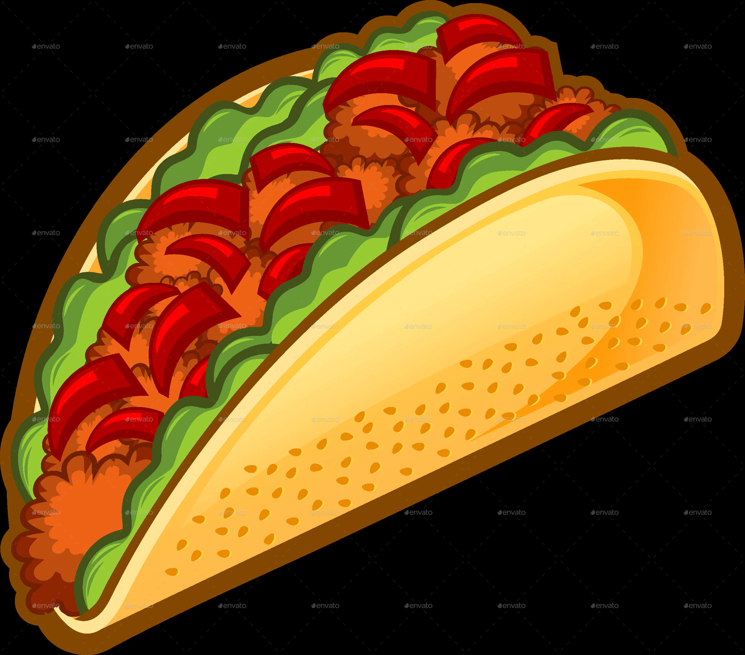 Delicious Taco Illustration, cartoon-style taco, meat lettuce and tomato, Full HD Desktop Wallpaper