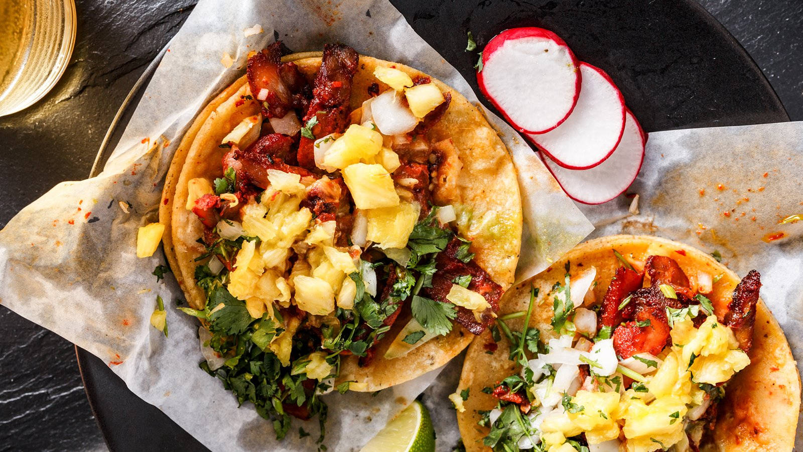 Tacos Al Pastor, crushed pineapple bits, parchment paper, HD Desktop Wallpaper
