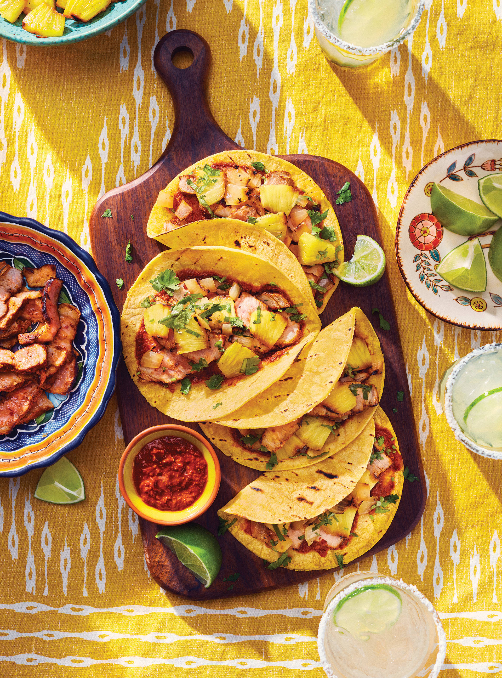 Tacos Al Pastor, margaritas, golden corn tortillas, 2K Phone Wallpaper