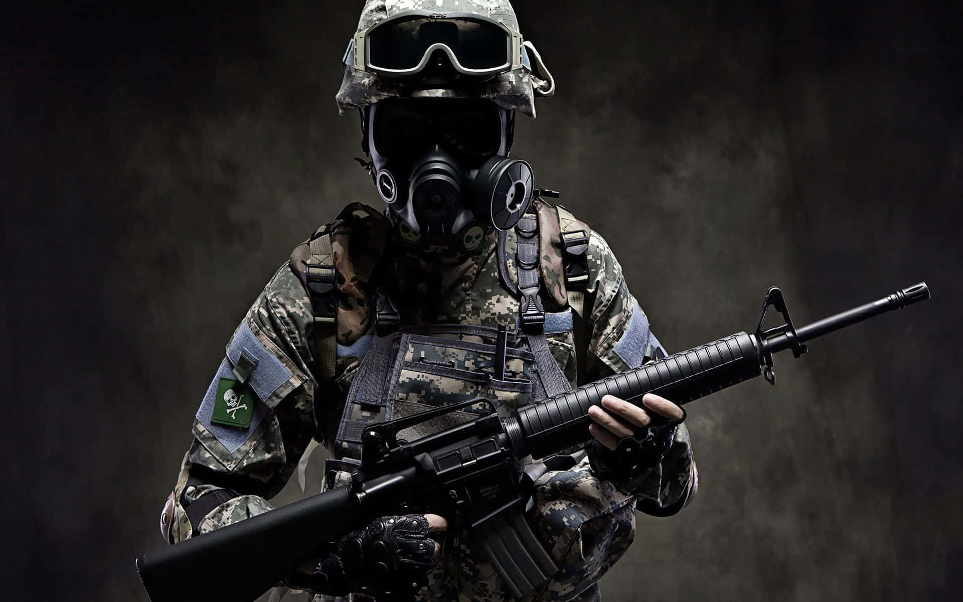 tactical gear, gas mask, assault rifle, Full HD Desktop Wallpaper