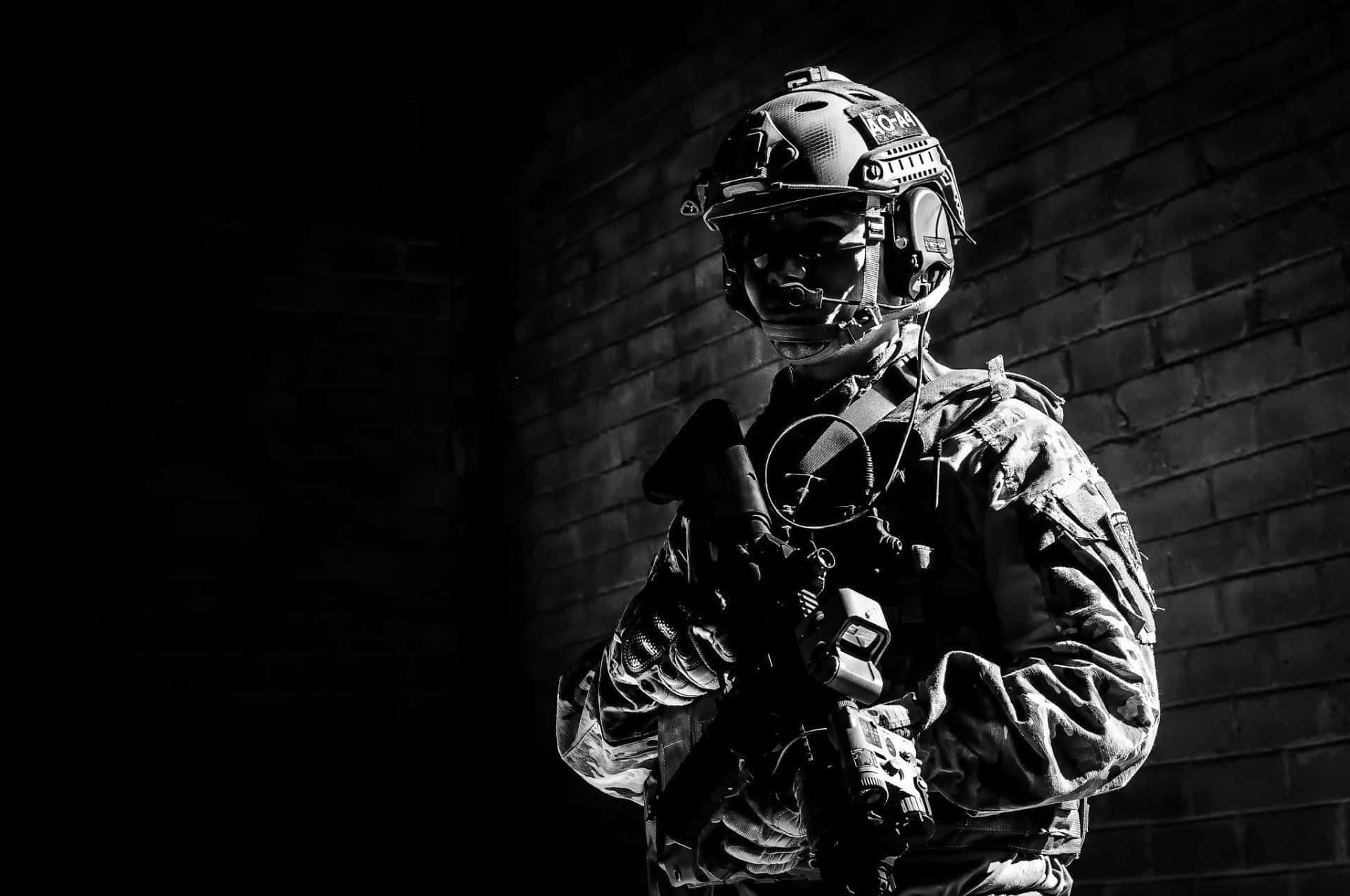 tactical gear, black and white, brick wall, Full HD Desktop Wallpaper