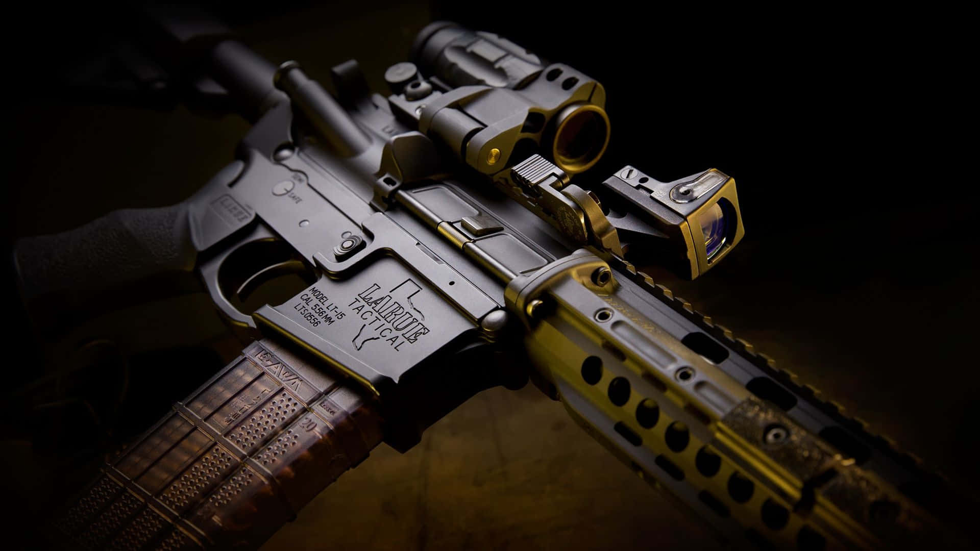 tactical rifle, gold accents, scope illuminated, Full HD Desktop Wallpaper