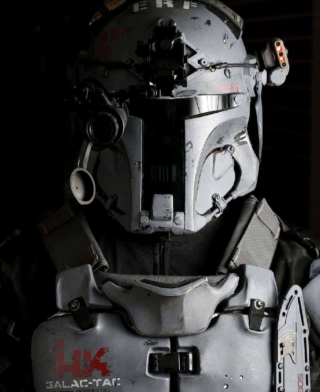futuristic combat helmet, red markings, glowing orange lights, HD Phone Wallpaper