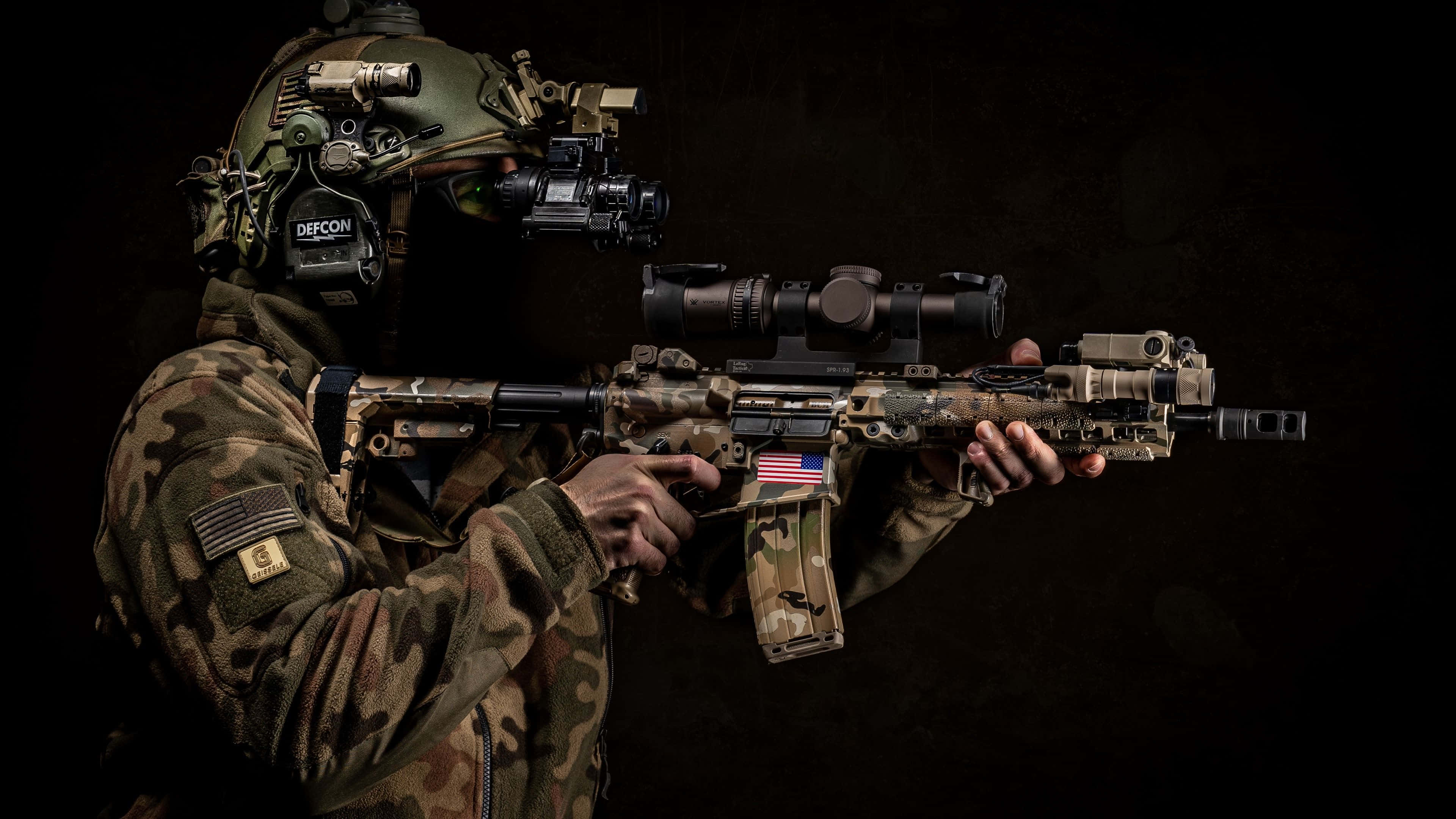 tactical gear, camouflaged rifle, American flag patch, 4K Desktop Wallpaper