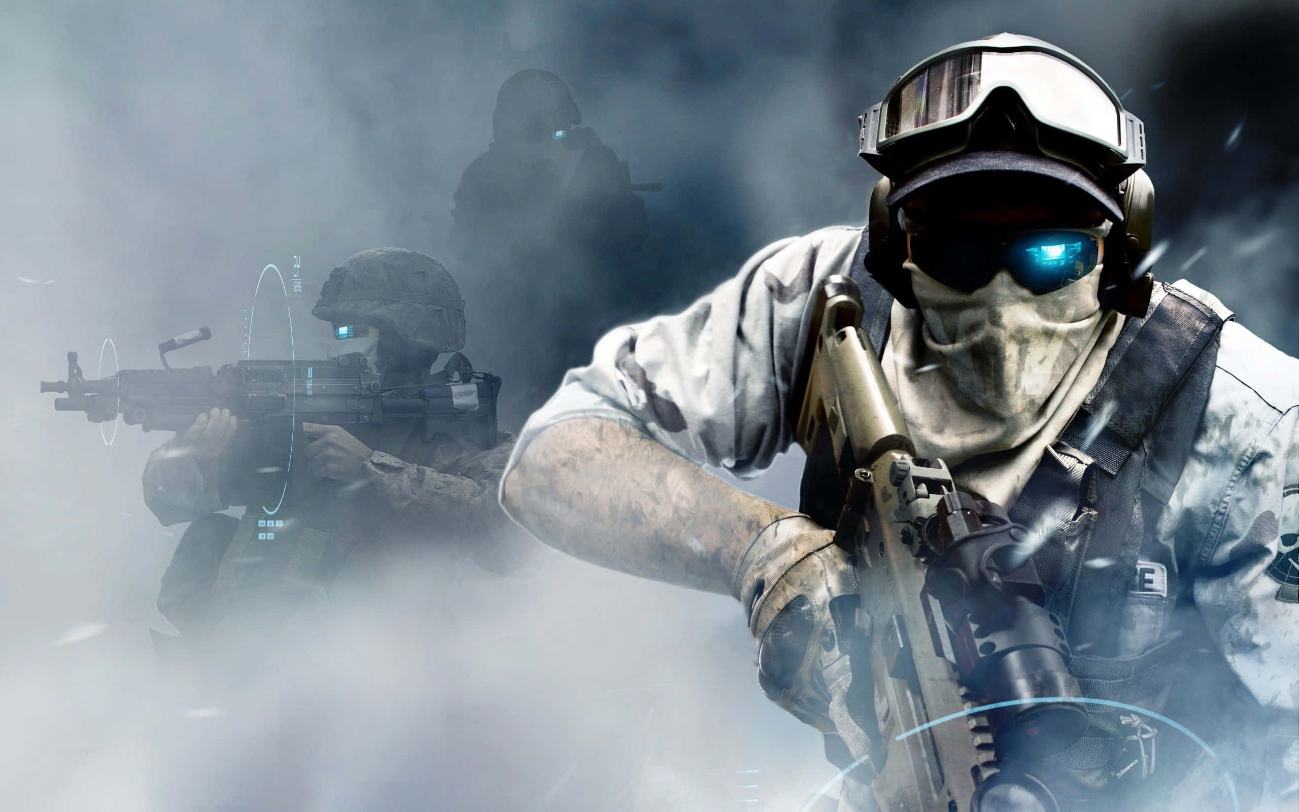 tactical gear, glowing blue visors, digital targeting overlays, 2K Desktop Wallpaper