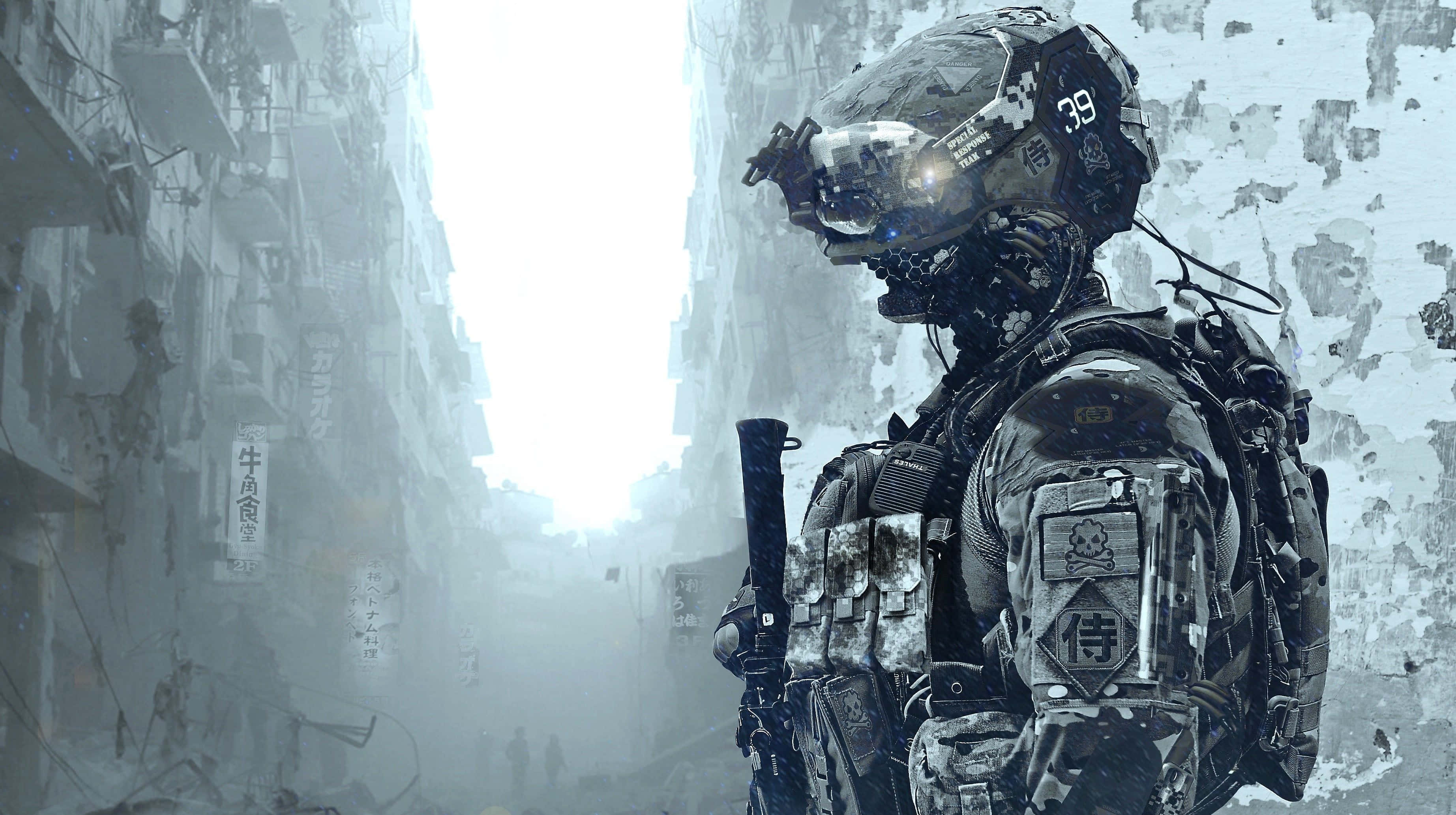 futuristic gear, ruined urban alleyway, bright haze, 2K Desktop Wallpaper
