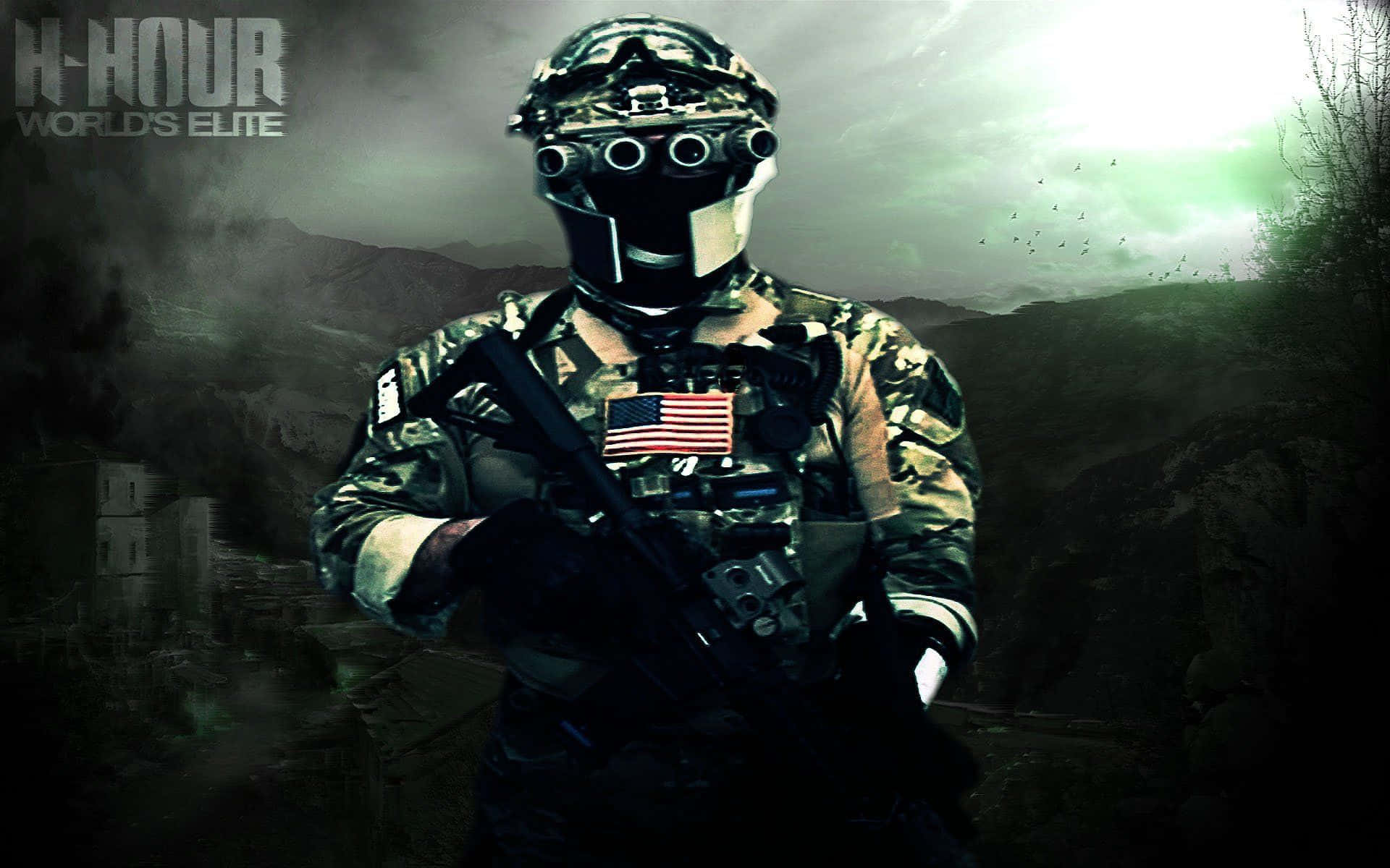 tactical gear, American flag patch, smoky mountainous backdrop, Full HD Desktop Wallpaper