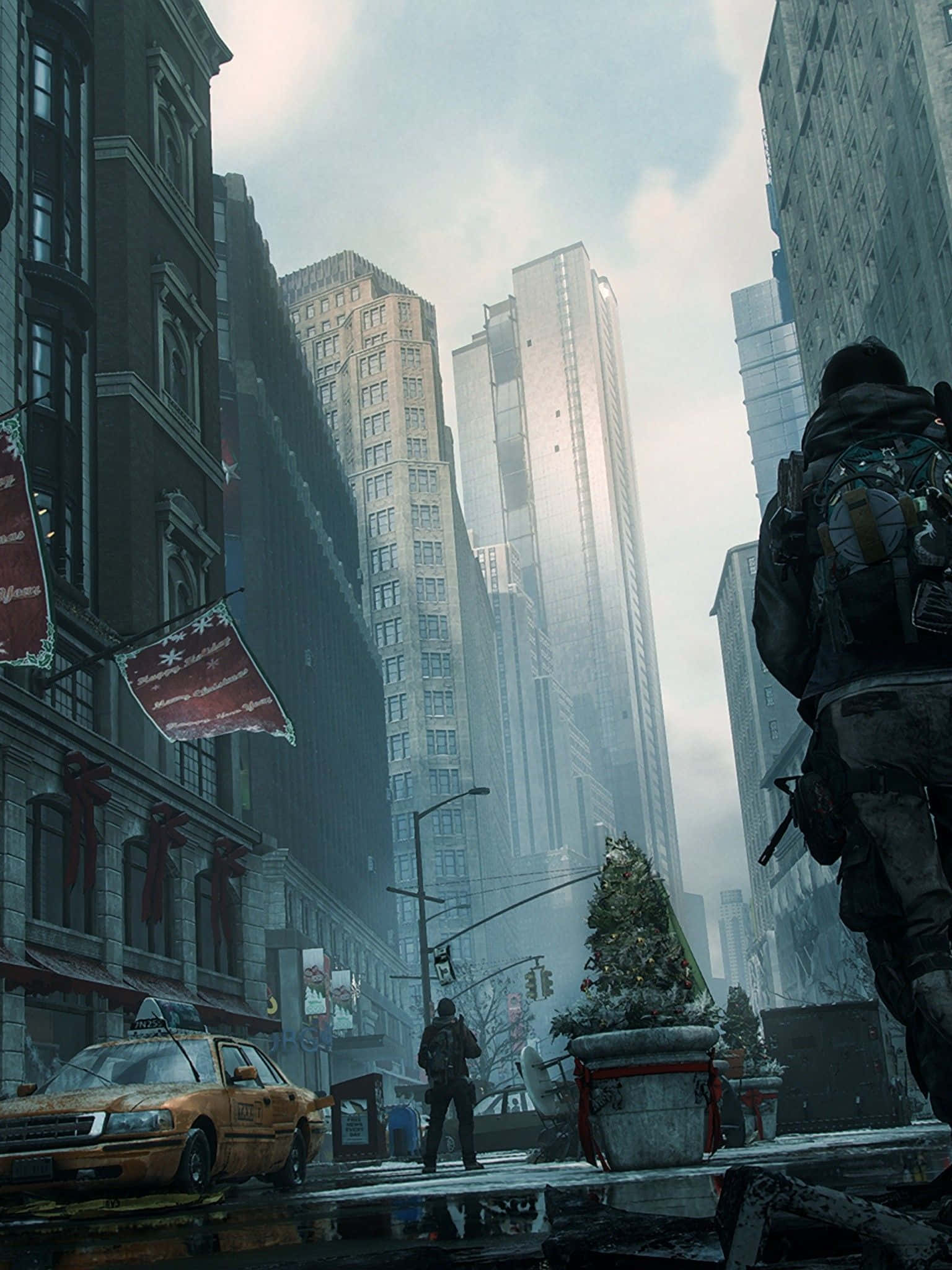 tactical, rain-soaked urban street, towering skyscrapers, Full HD Phone Wallpaper