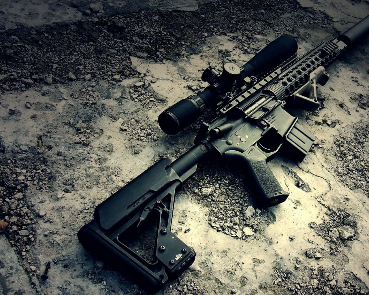 tactical rifle, scope, cracked concrete ground, HD Desktop Wallpaper
