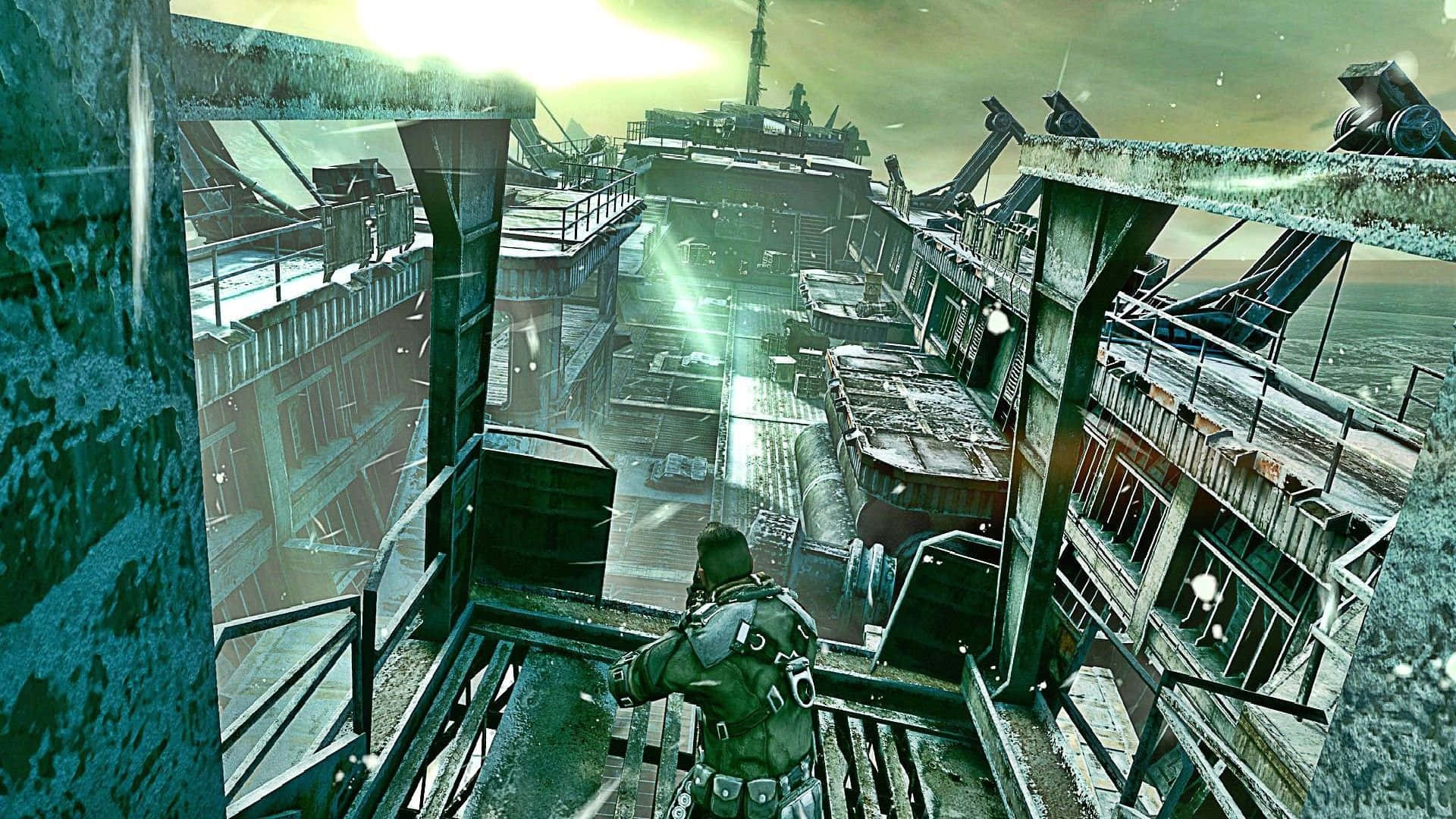 tactical gear, broken metal staircase, vast ruined industrial complex, Full HD Desktop Wallpaper