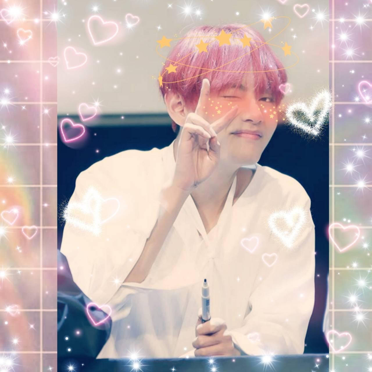 Taehyung Cute, neon hearts, pink hair, HD Desktop Wallpaper