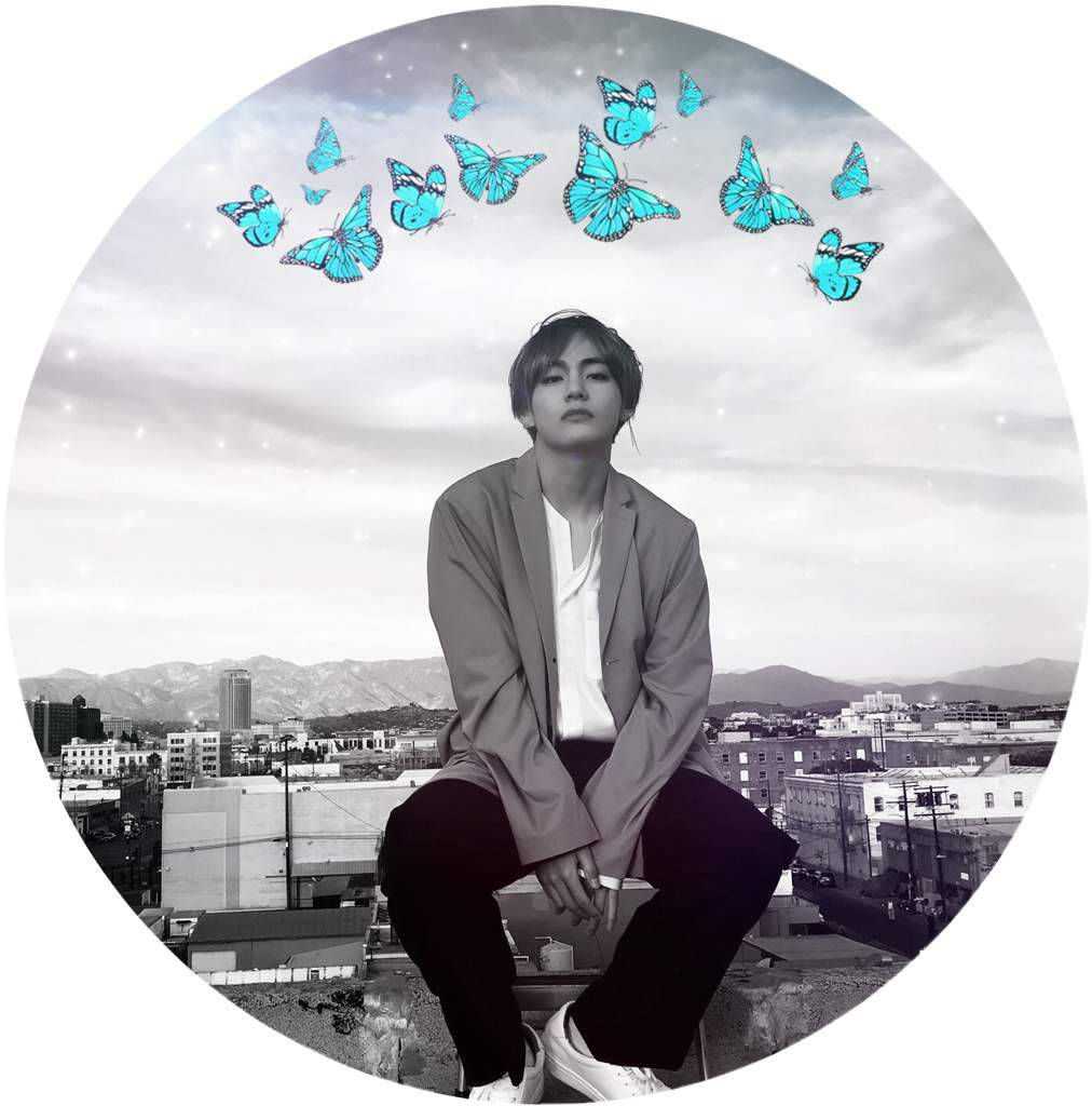 Taehyung, blue butterflies, rooftop, SD Phone Wallpaper