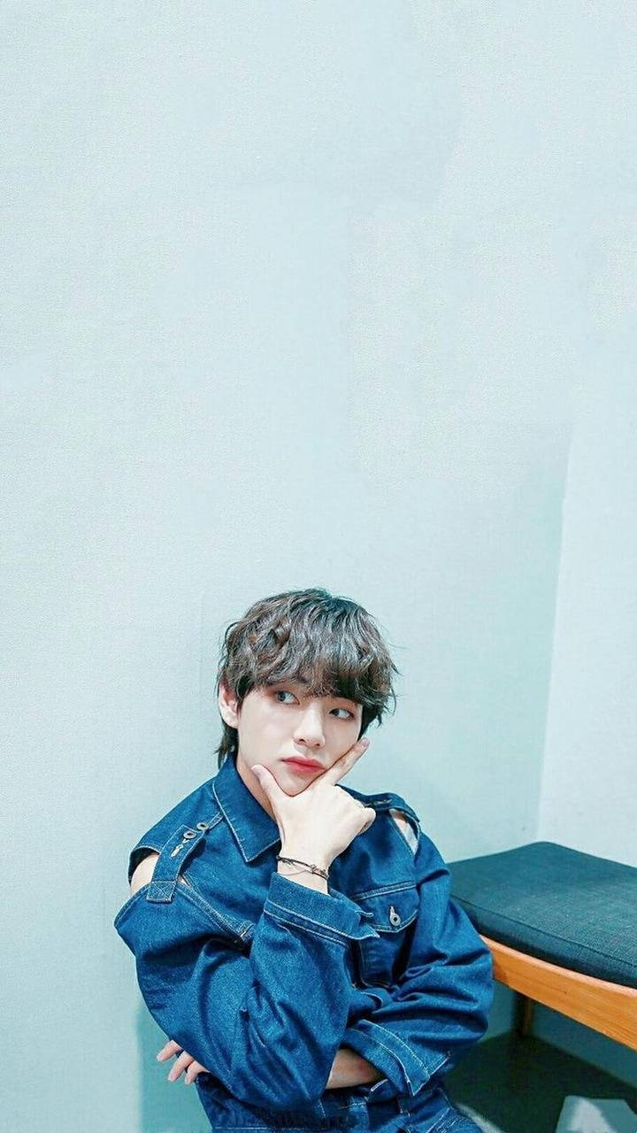 Taehyung, denim jacket, light blue wall, HD Phone Wallpaper
