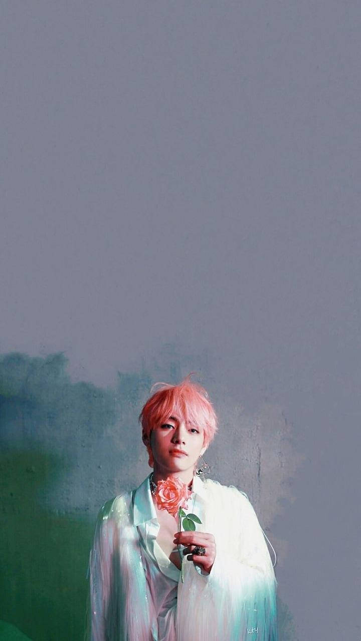 Taehyung, pink hair, rose, HD Phone Wallpaper