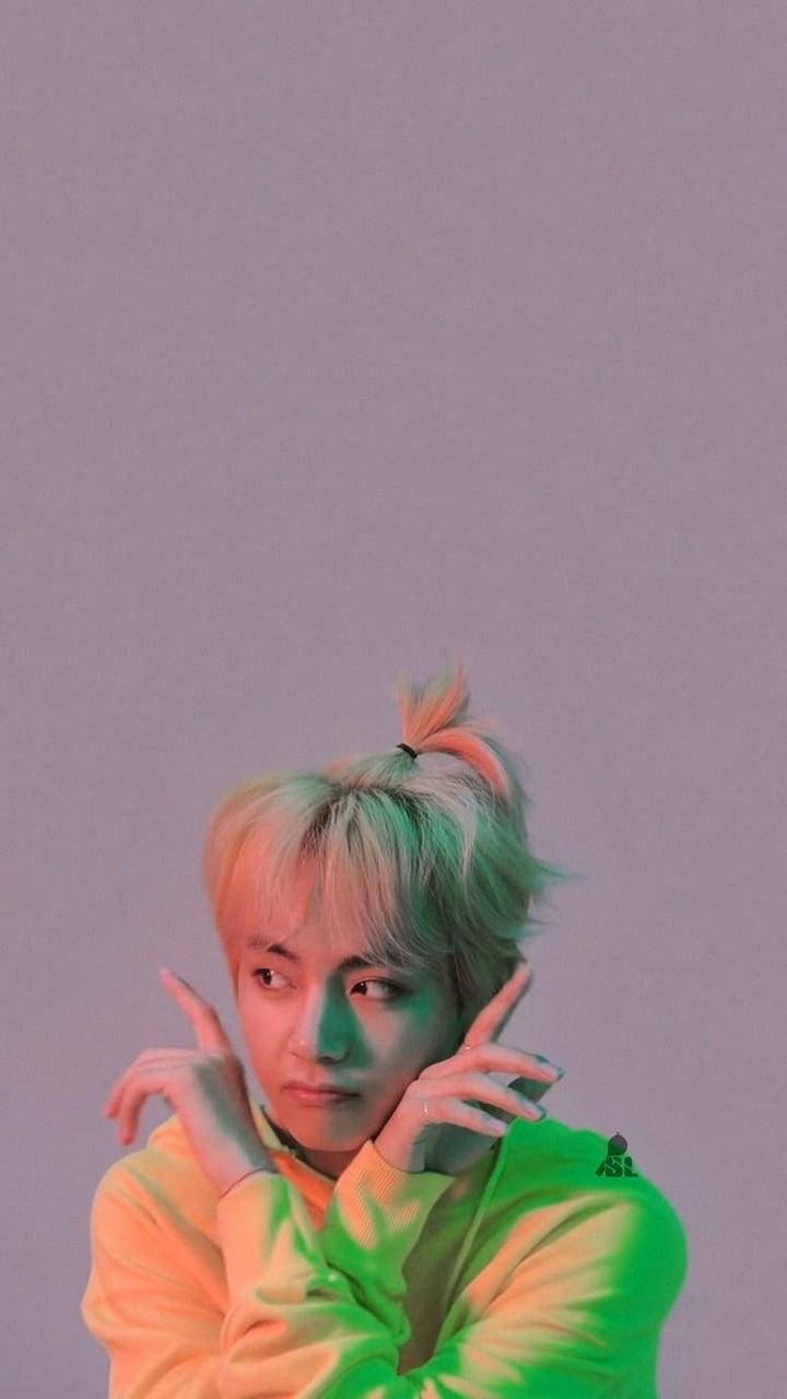 Taehyung Cute, neon green outfit, pastel hair, HD Phone Wallpaper