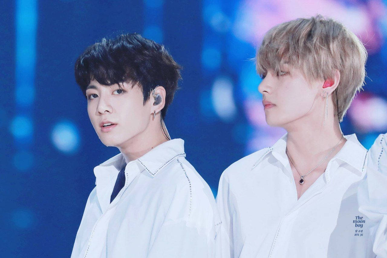 Taekook BTS, white shirts, vibrant blue lit stage, HD Desktop Wallpaper