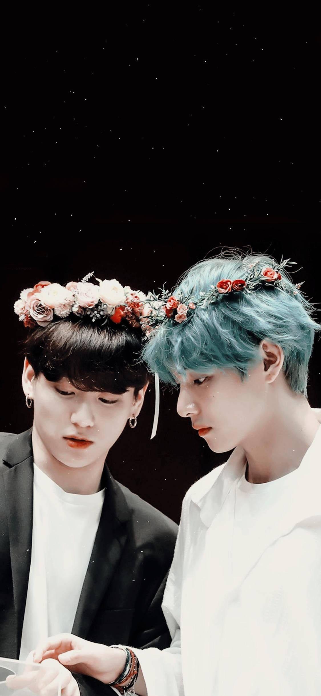 Taekook BTS, flower crowns, starry night sky, Full HD Phone Wallpaper