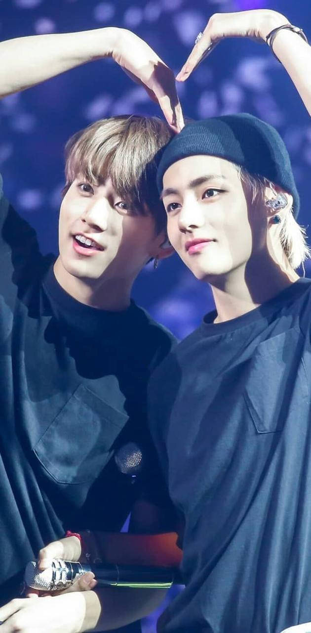 Taekook BTS, heart pose, vibrant blue stage lights, HD Phone Wallpaper