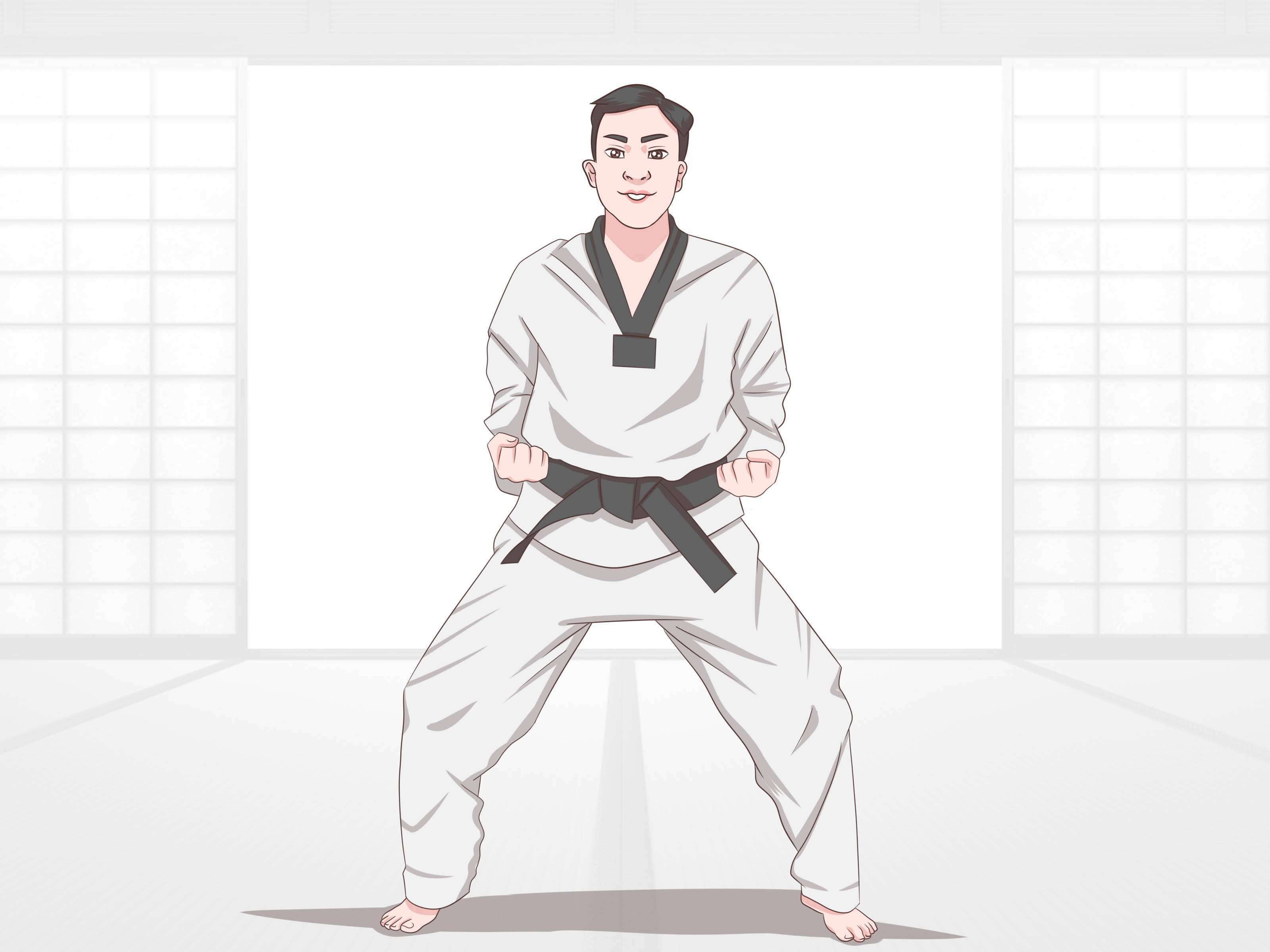 white taekwondo uniform, black belt, bright dojo, 2K Desktop Wallpaper
