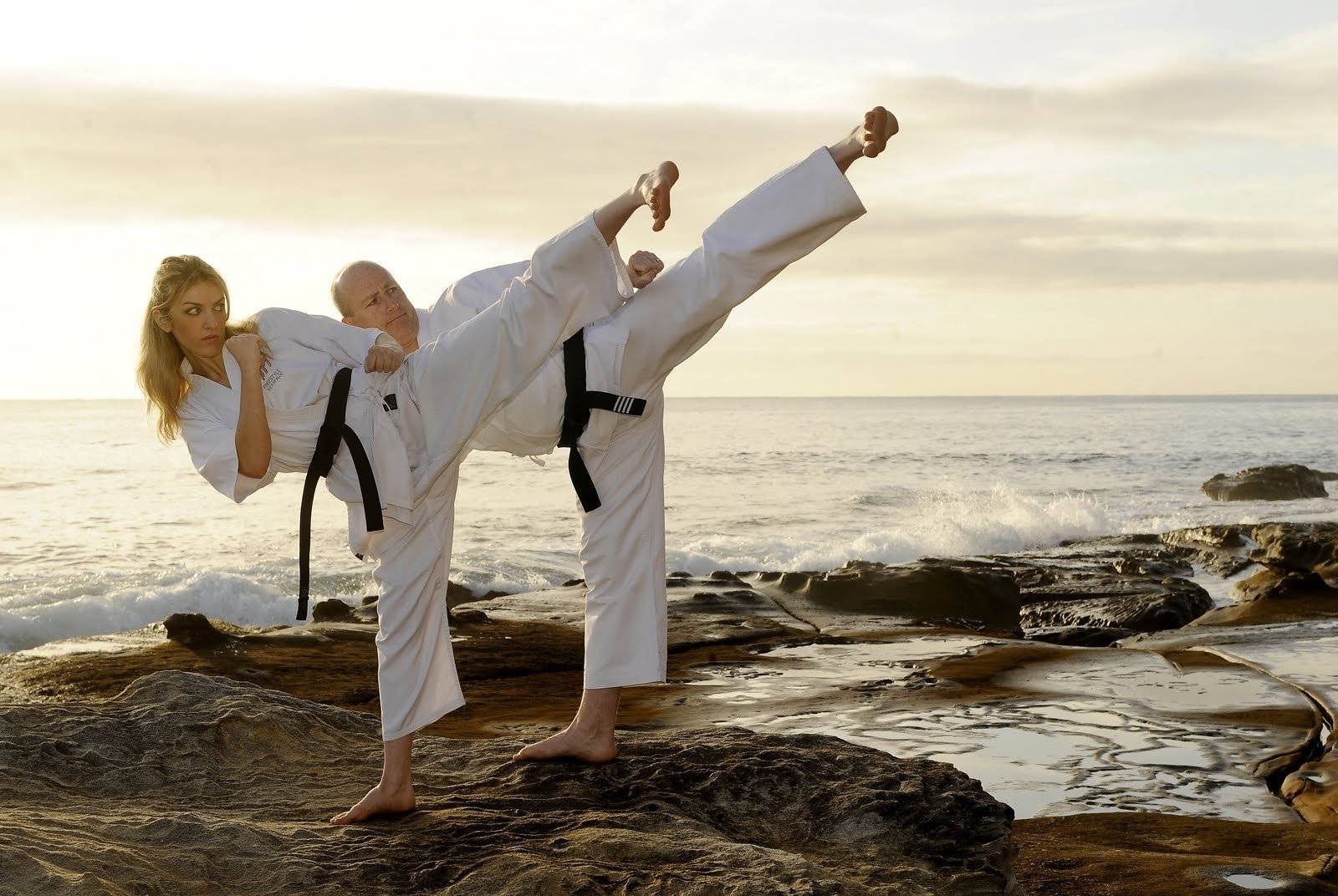 Taekwondo, white karate gi, rocky beach, HD Desktop Wallpaper