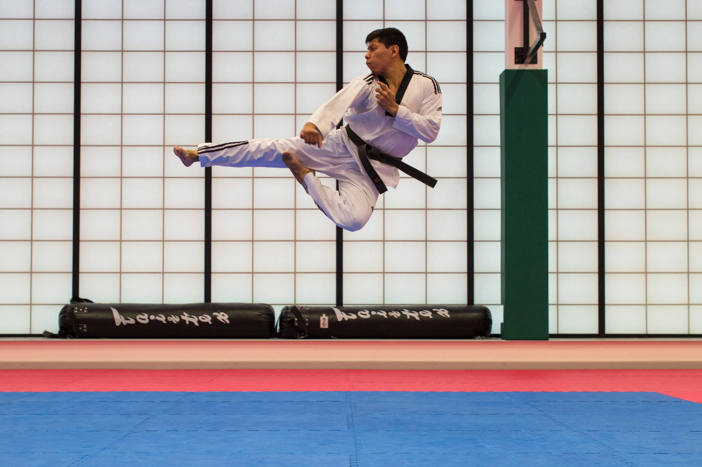 white gi, black belt, high kick, Full HD Desktop Wallpaper