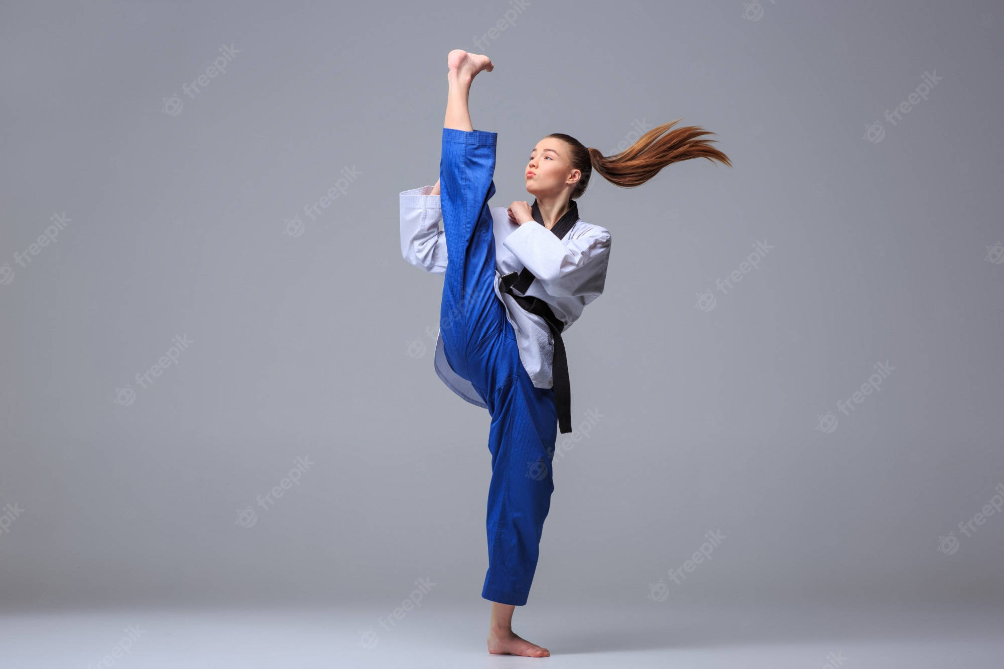 martial arts taekwondo woman black belt, blue gi, high kick, Full HD Desktop Wallpaper
