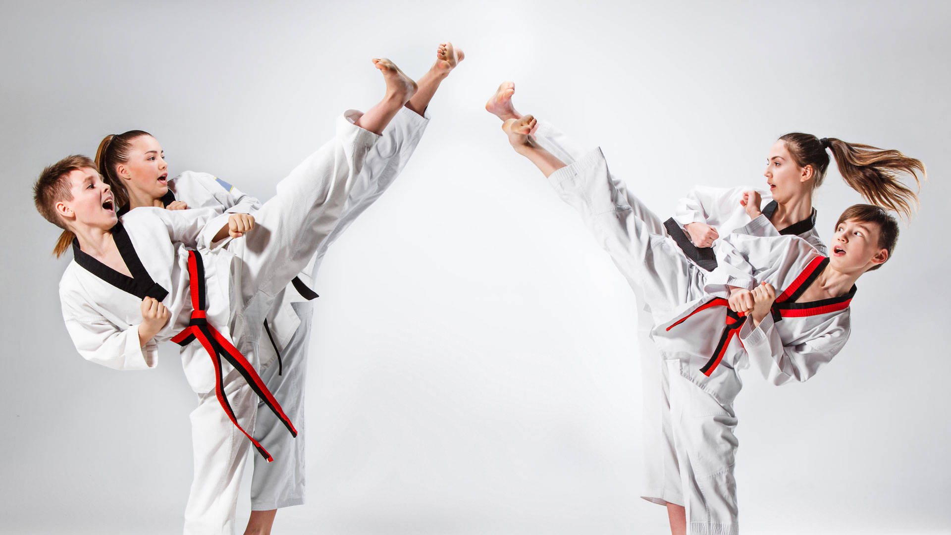 minimalist martial art taekwondo kids, white uniforms, red belts, Full HD Desktop Wallpaper