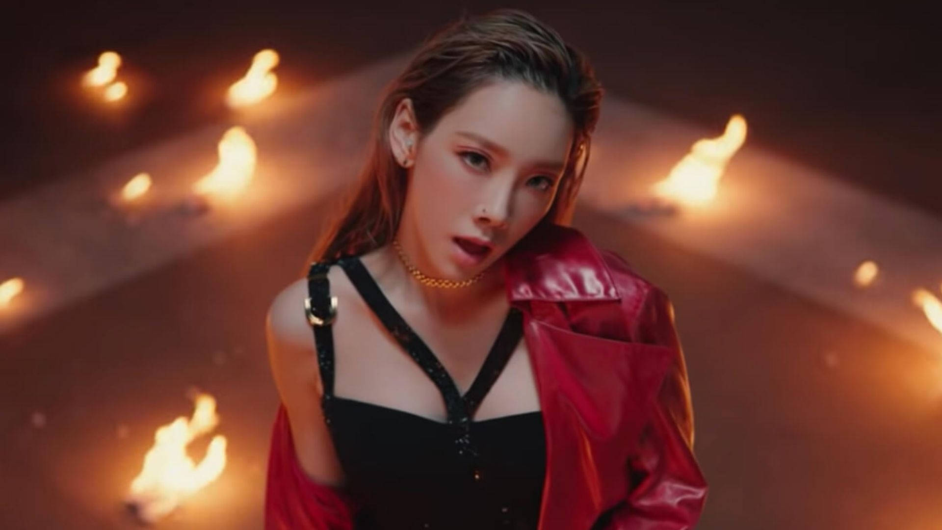 Taeyeon, red jacket, floating flames, Full HD Desktop Wallpaper