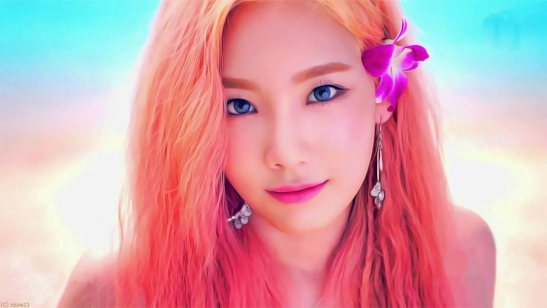 Taeyeon, vibrant pink hair, blue eyes, Full HD Desktop Wallpaper