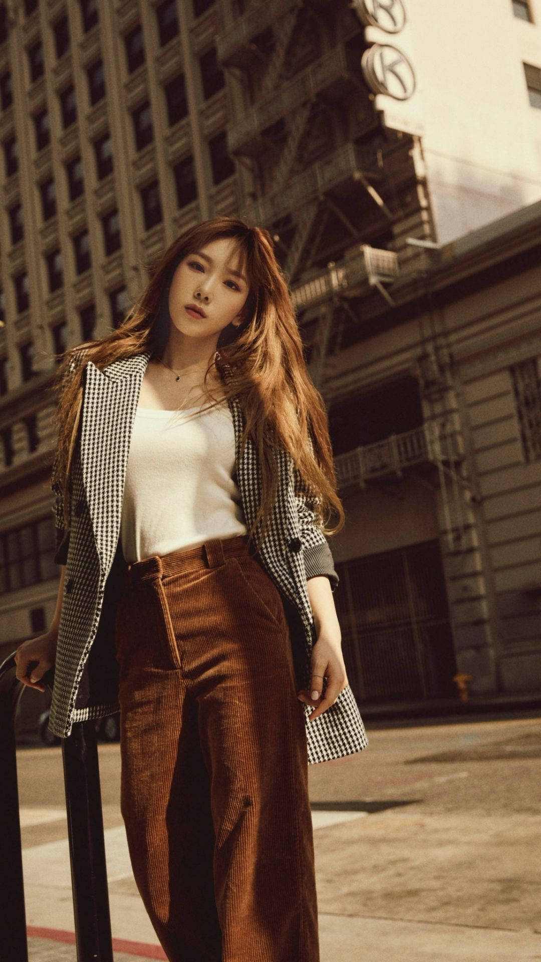 Taeyeon, sunlit city street, checkered blazer, Full HD Phone Wallpaper