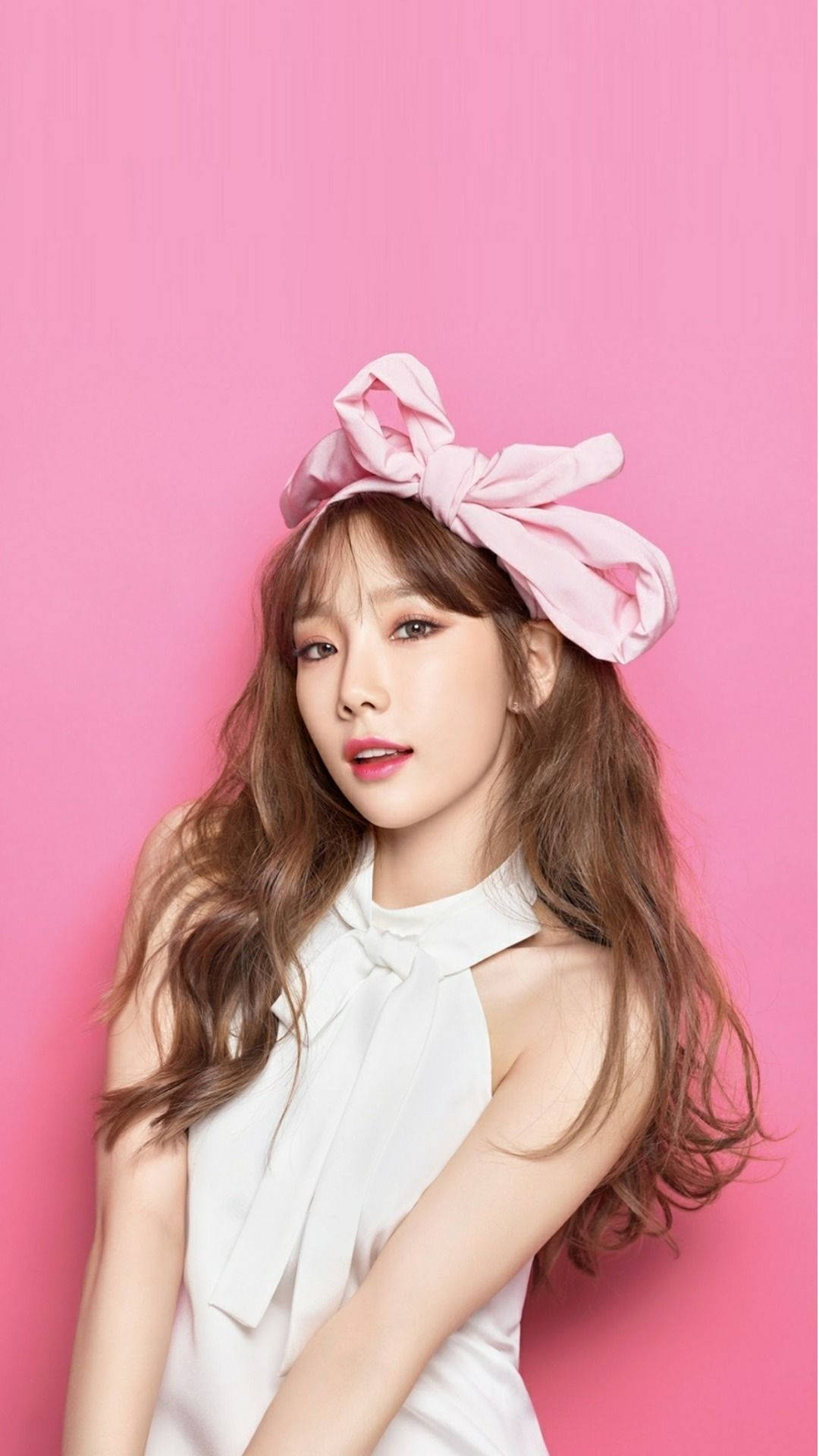 Taeyeon, pink bow headband, white halter top, Full HD Phone Wallpaper
