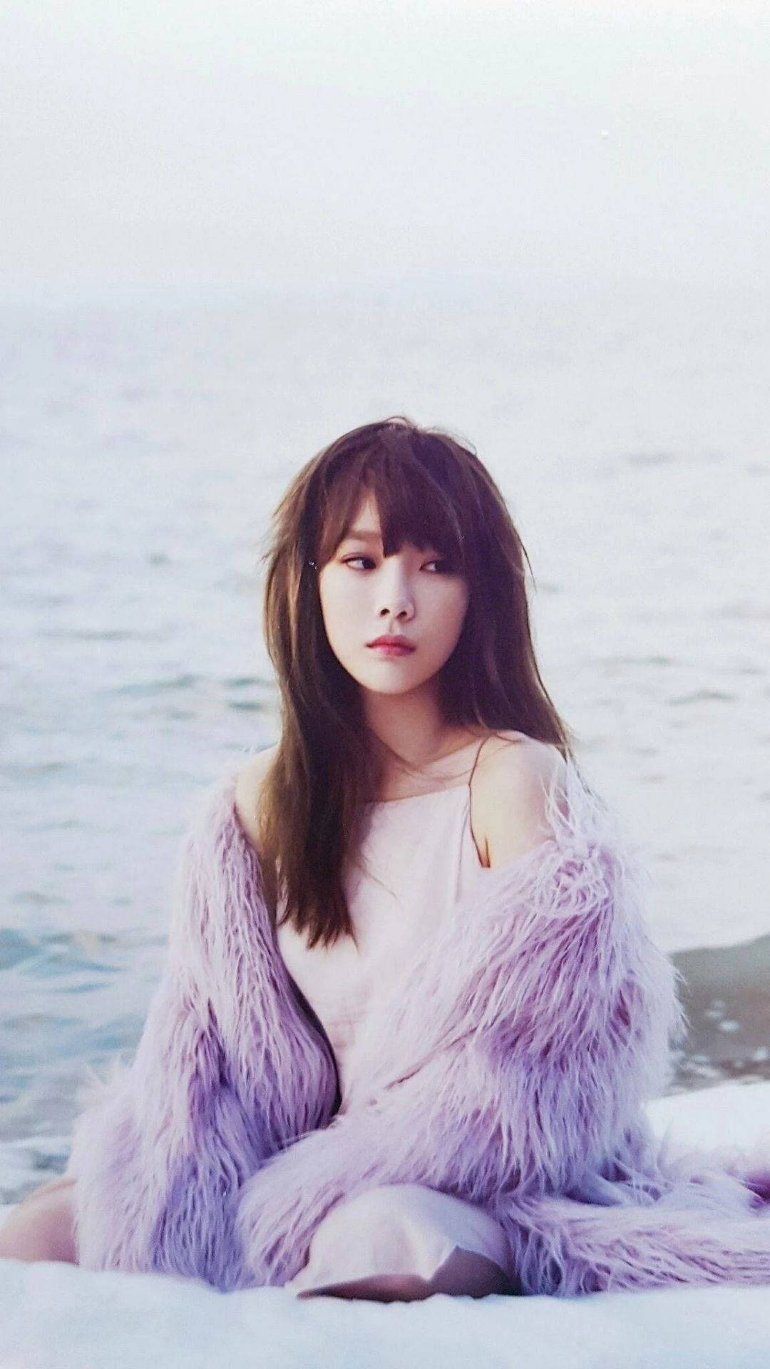 Taeyeon, seaside, fluffy lavender coat, Full HD Phone Wallpaper