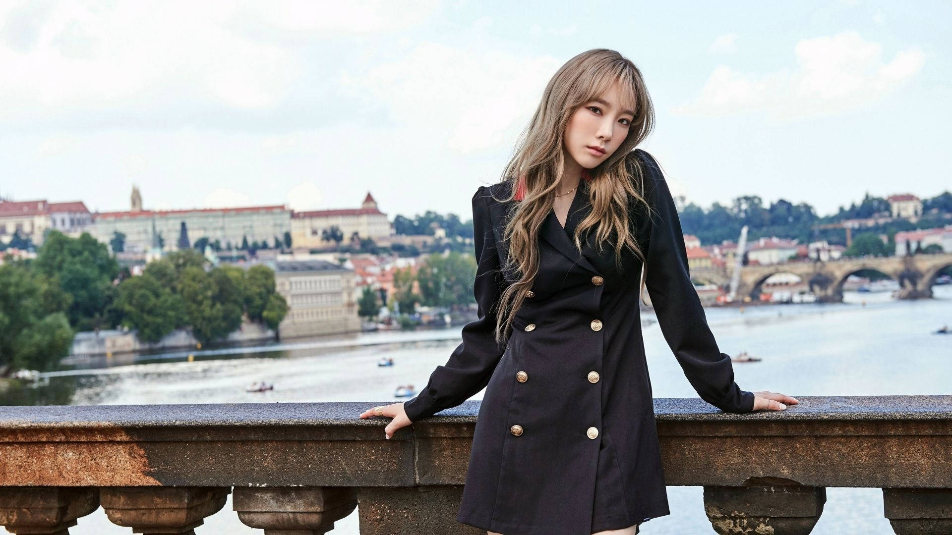 Taeyeon, bridge, stone railing, Full HD Desktop Wallpaper