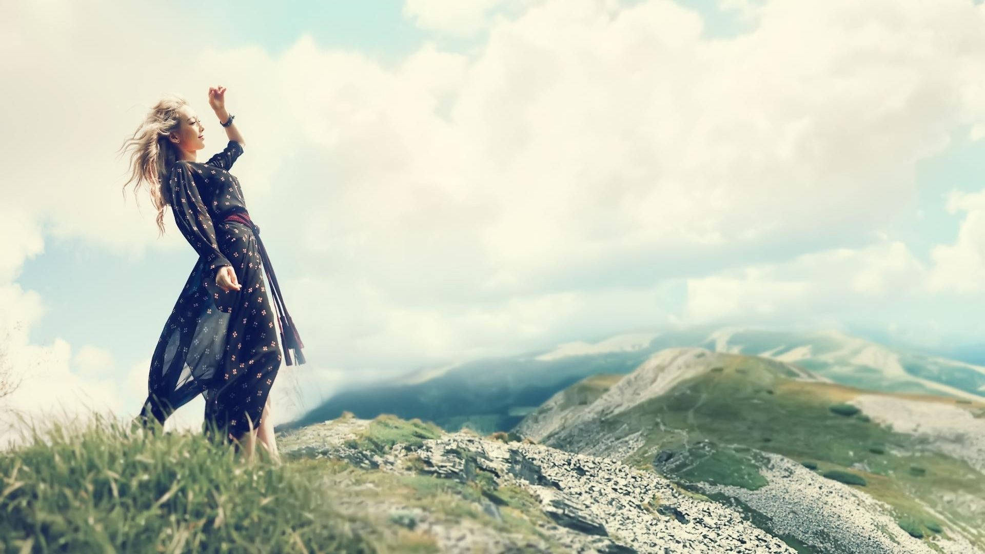 Taeyeon, mountains, grassy mountain ridge, Full HD Desktop Wallpaper